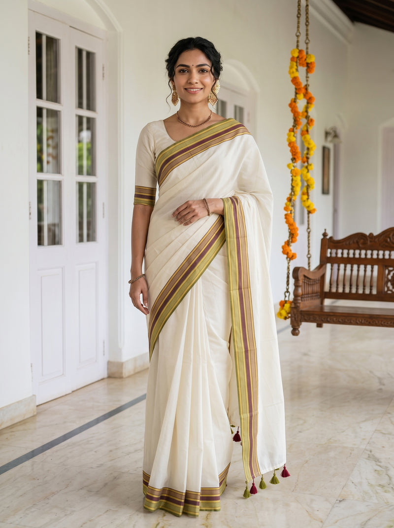 A woman wearing a traditional Indian saree stands in a bright indoor corridor. The saree is off-white/cream with olive green and gold stripes, paired with a matching cream blouse.