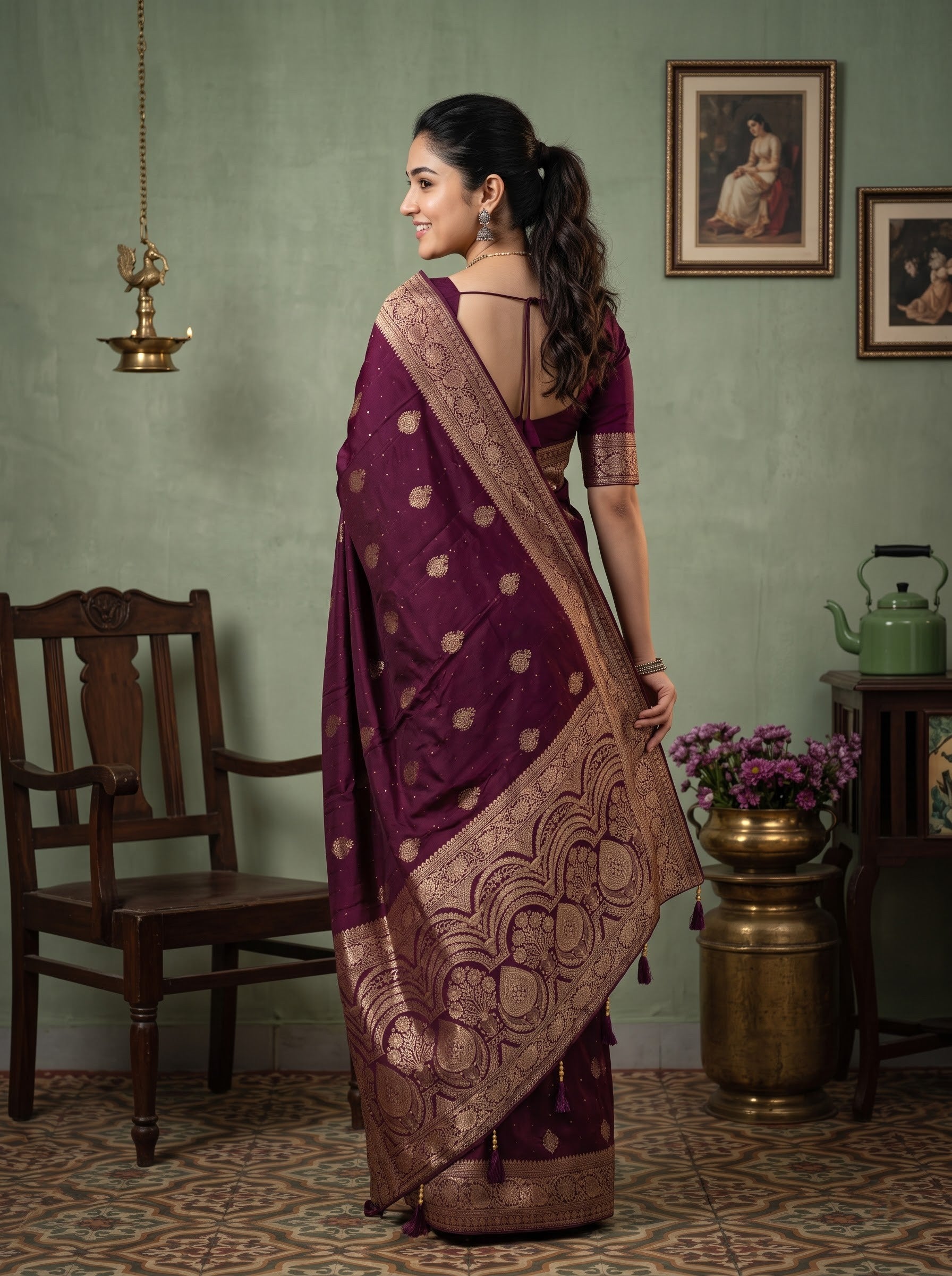 Banarasi Silk Wine Round Motif Saree with Floral Zari Border
