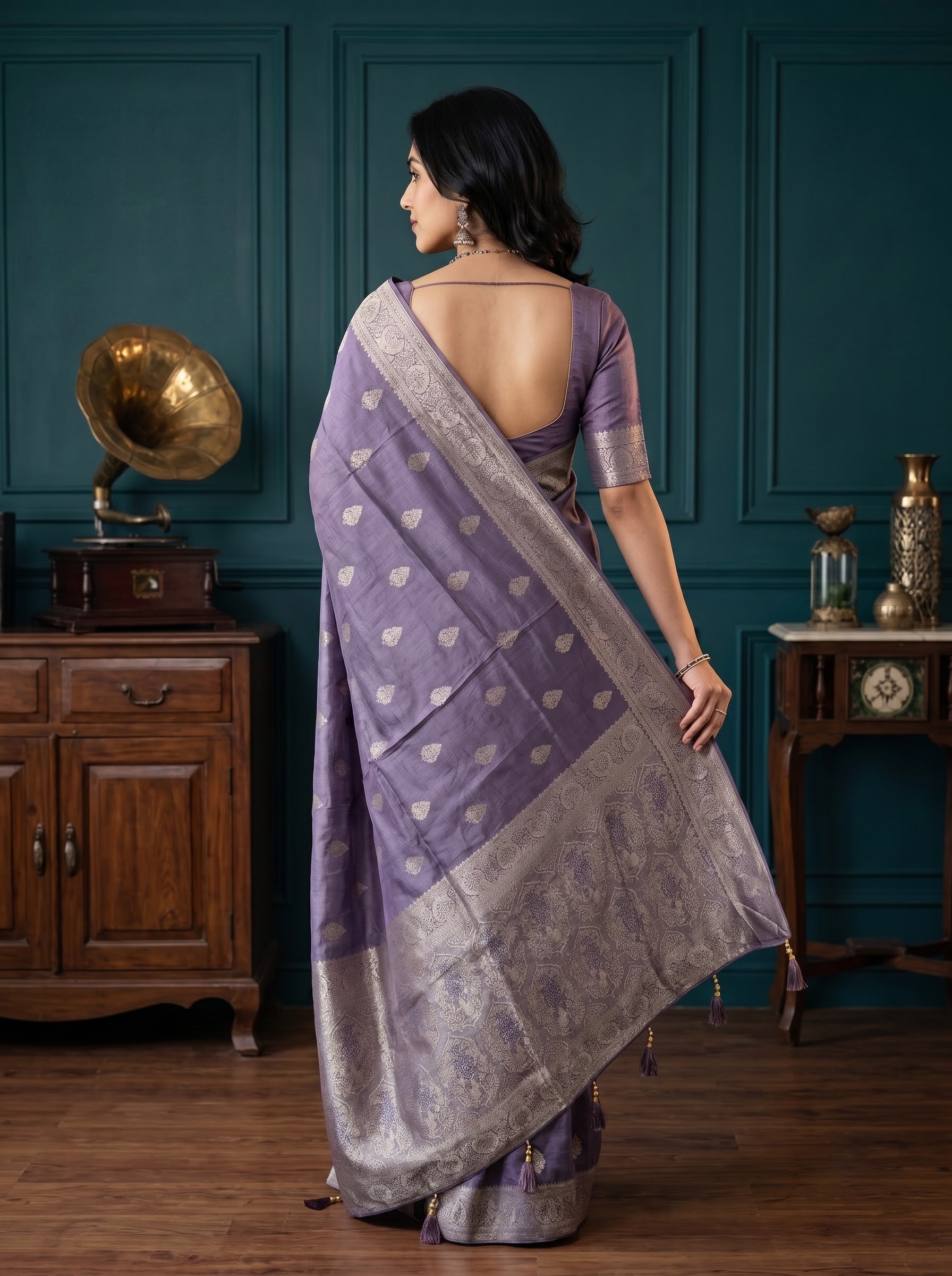 Banarasi Purple Butta Print Saree with Silver Zari Border