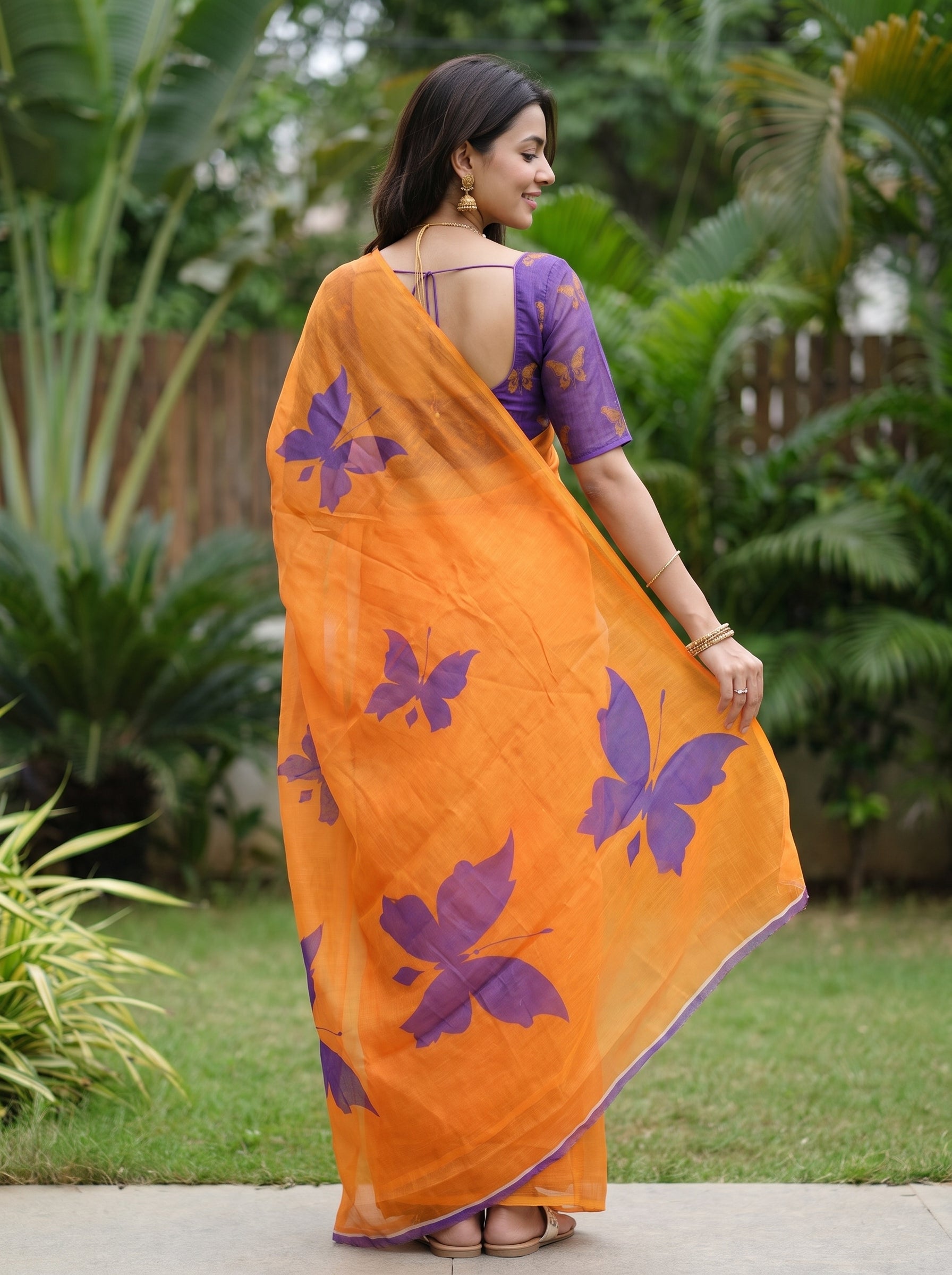 Cotton Orange Saree with Purple Color Butterfly Print