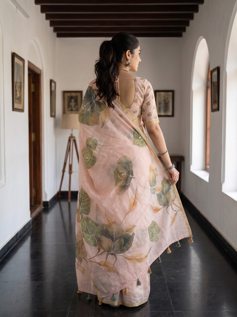 A woman viewed from behind wearing a light pink saree with a green and beige floral print, walking down a hallway with white walls and dark wooden ceiling beams.