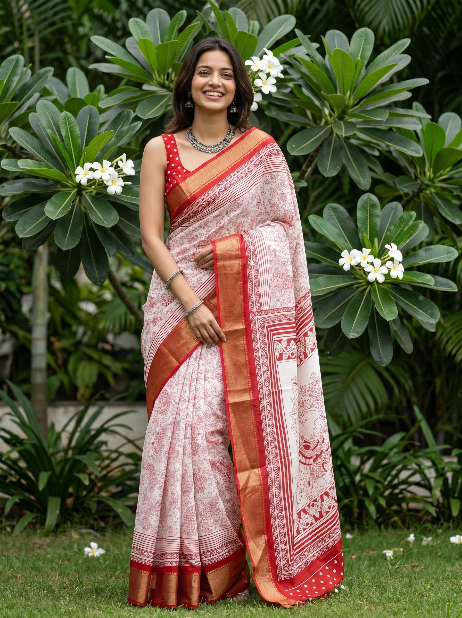 Woman in a white and red saree standing in a garden with green plants and white flowers.
