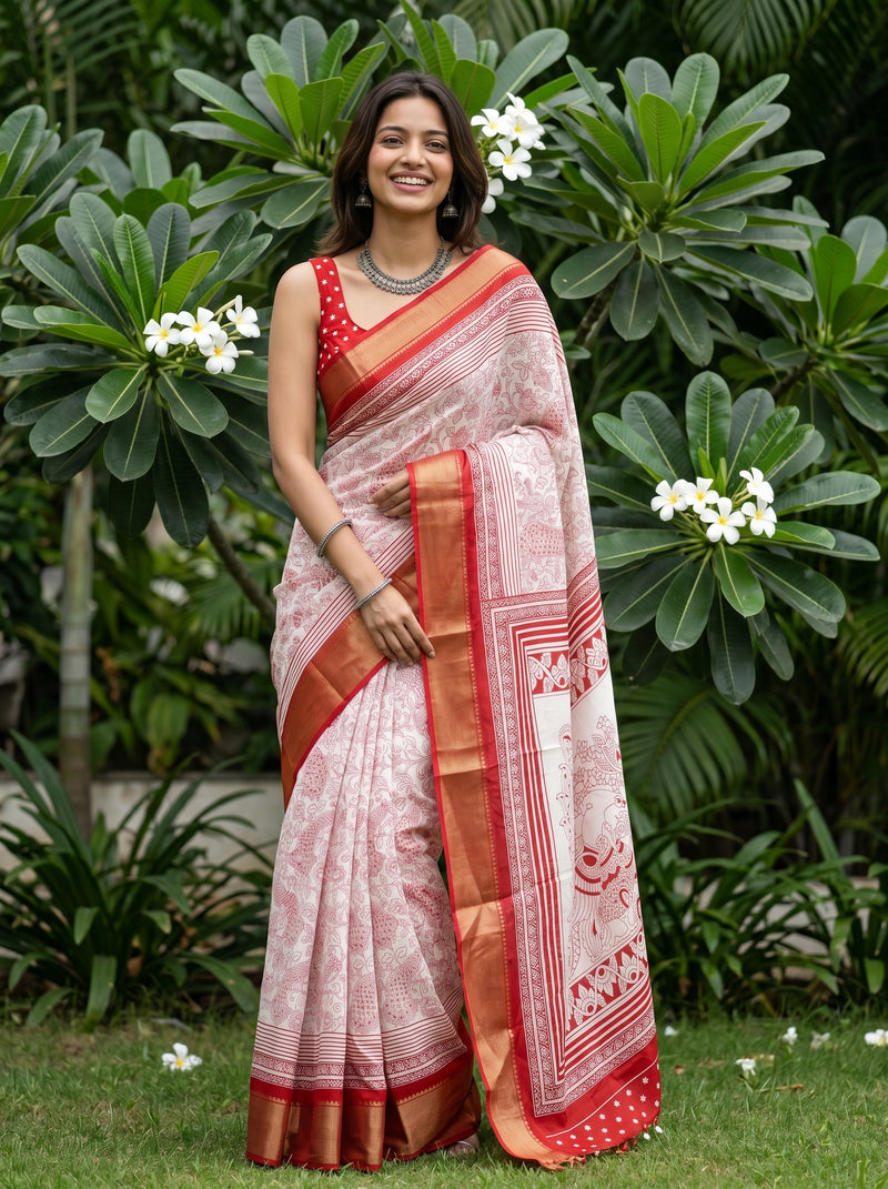 Woman in a white and red saree standing in a garden with green plants and white flowers.
