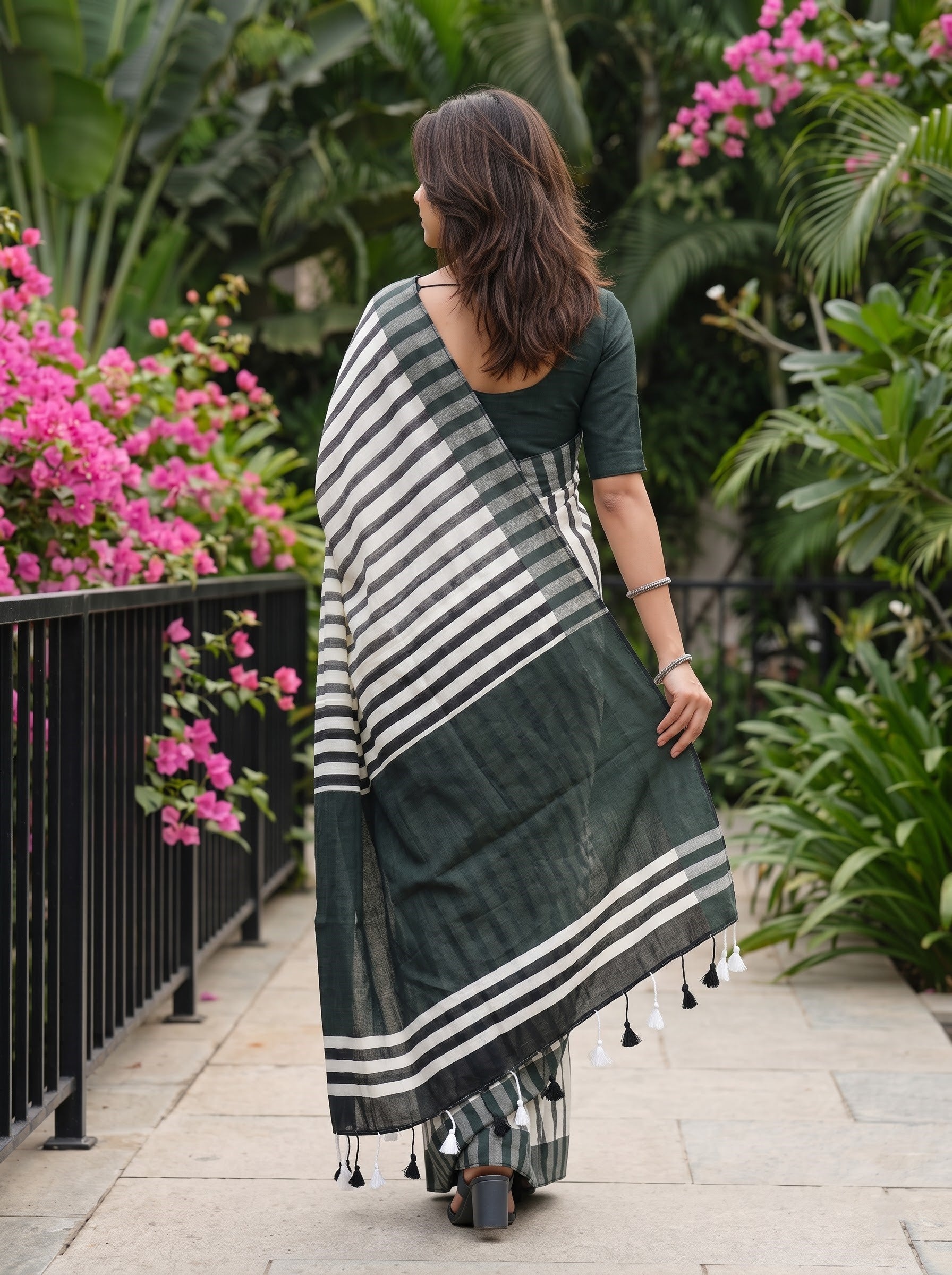Linen Black White Striped Border Tasseled Saree