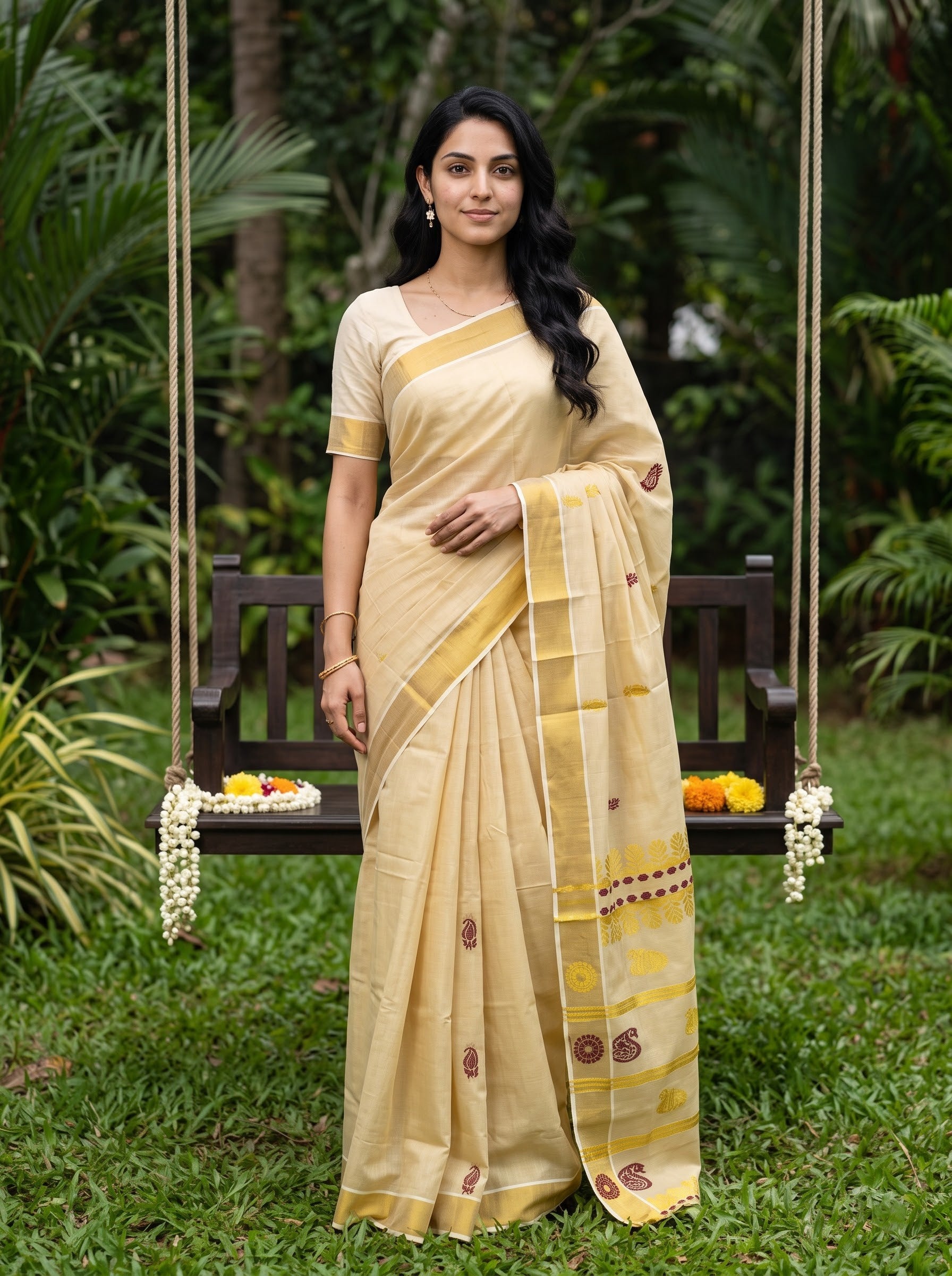 Tissue Golden Cream Paisley Border with Zari Stripe Pallu Onam Special Kerala Saree