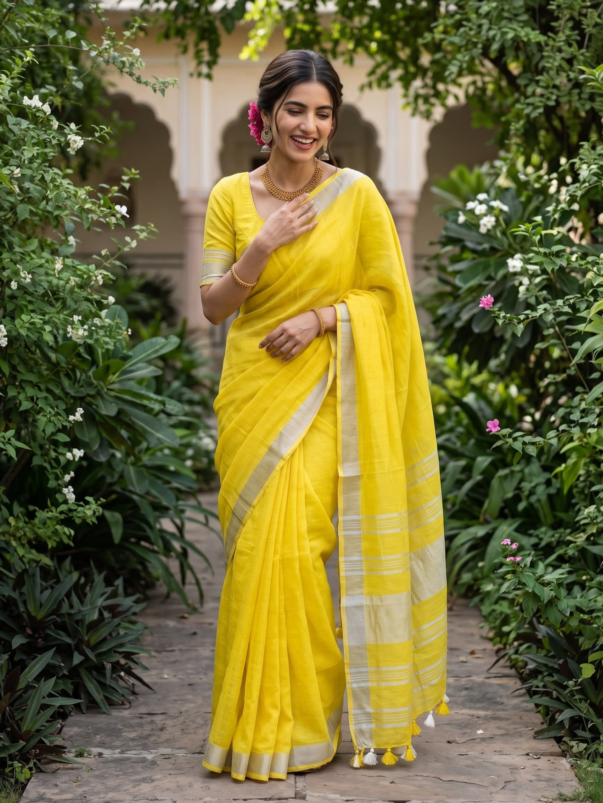 Linen Lemon Yellow Plain Body Saree with Broad Silver Zari Pallu and Tassels