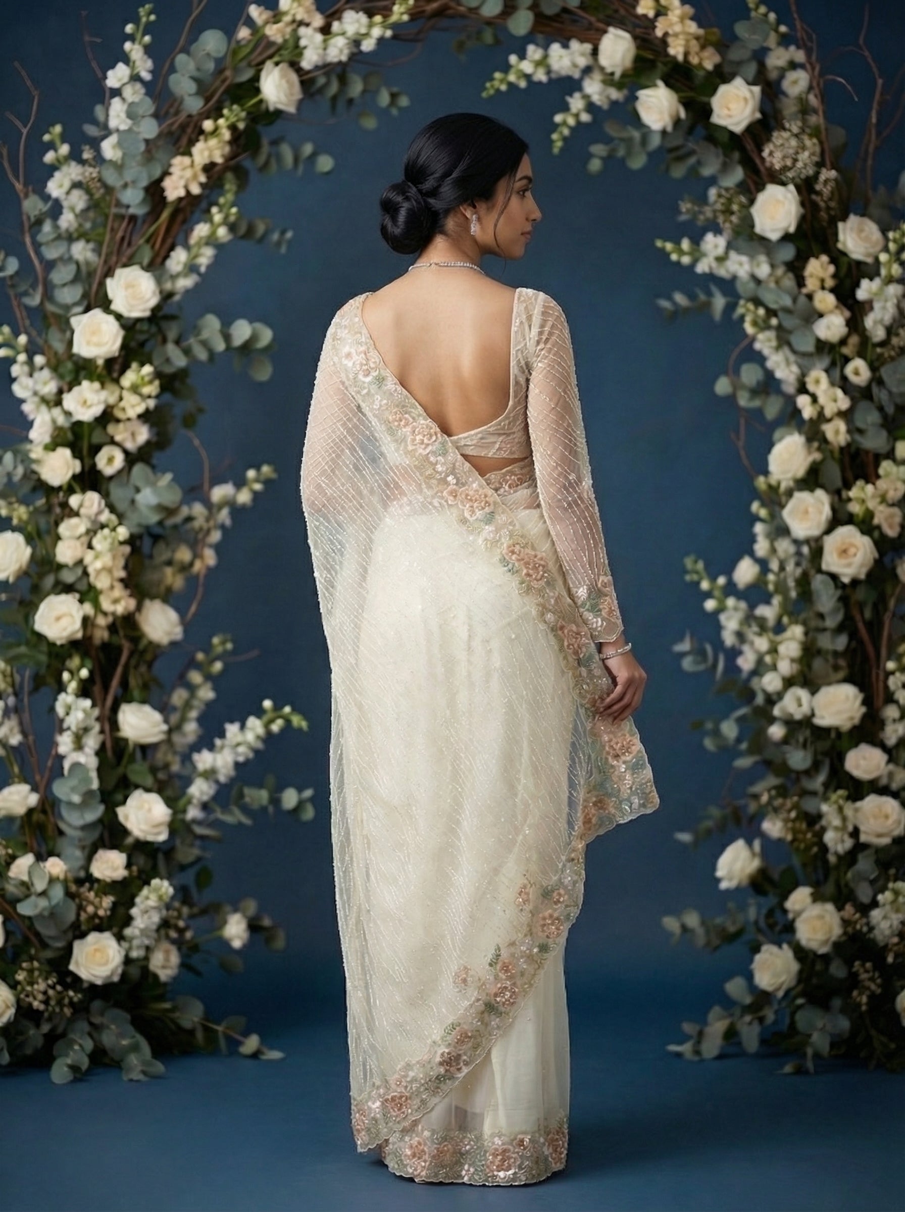 Net Ivory Floral Designer Wedding Wear Saree