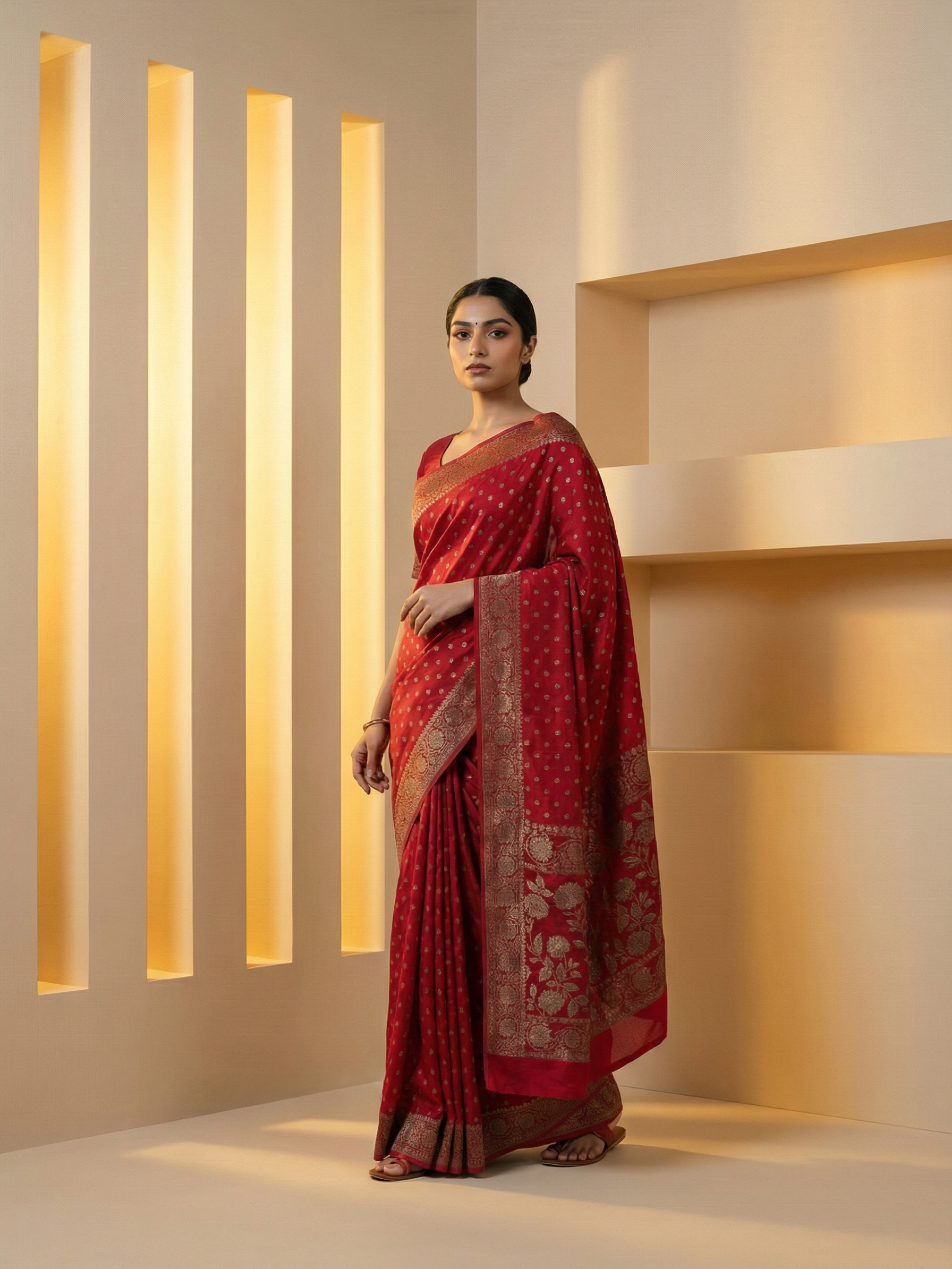 Georgette Deep Red Zari Border Saree