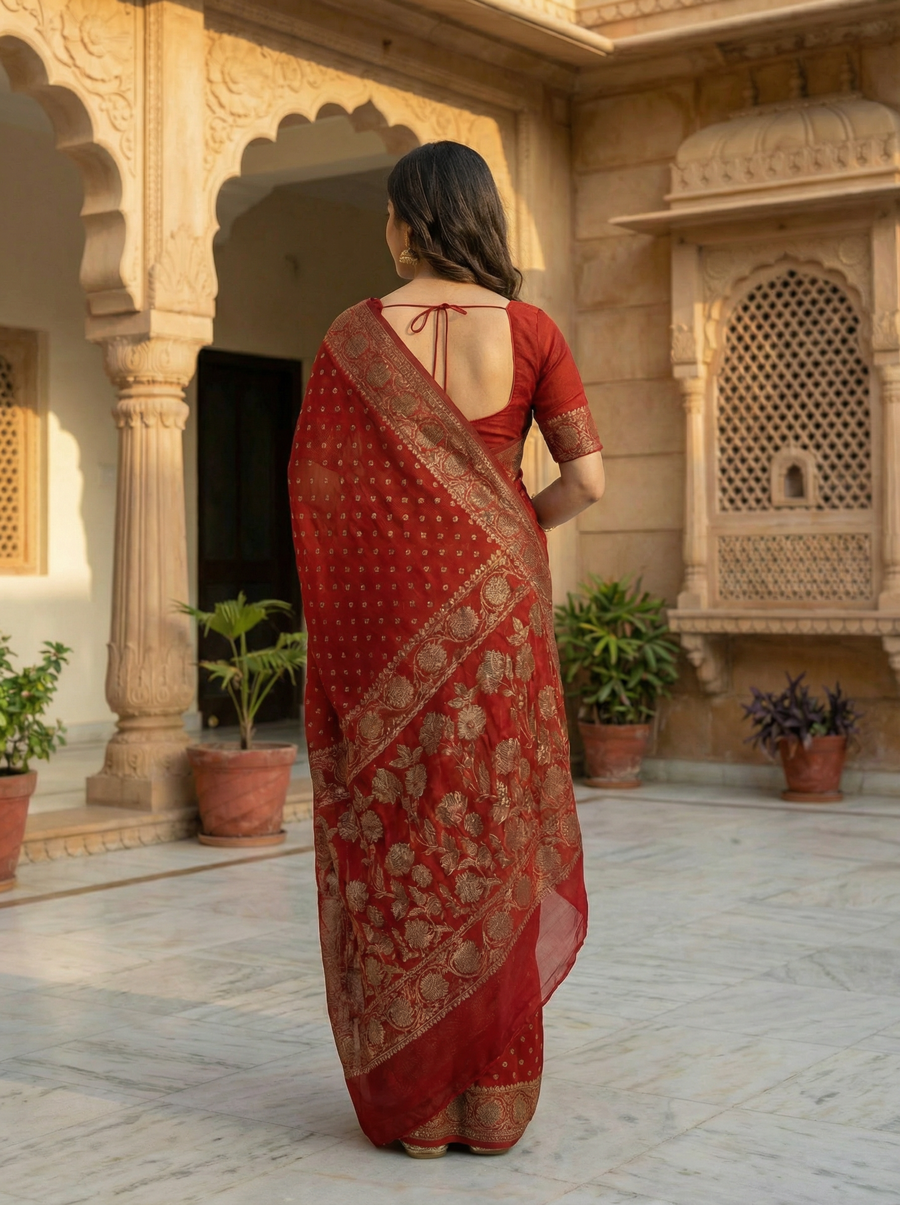 Georgette Banarasi  Red Zari Butti Saree