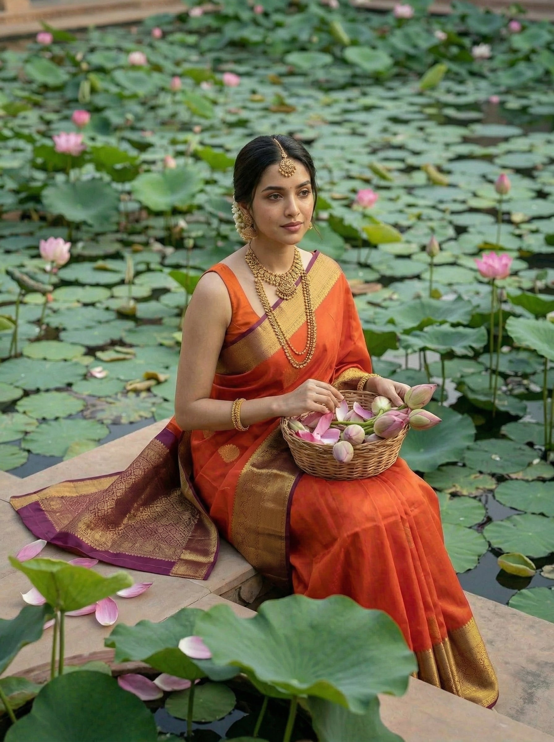 Kanjivaram Pure Silk Double Shade Orange Pink Traditional Butta Saree