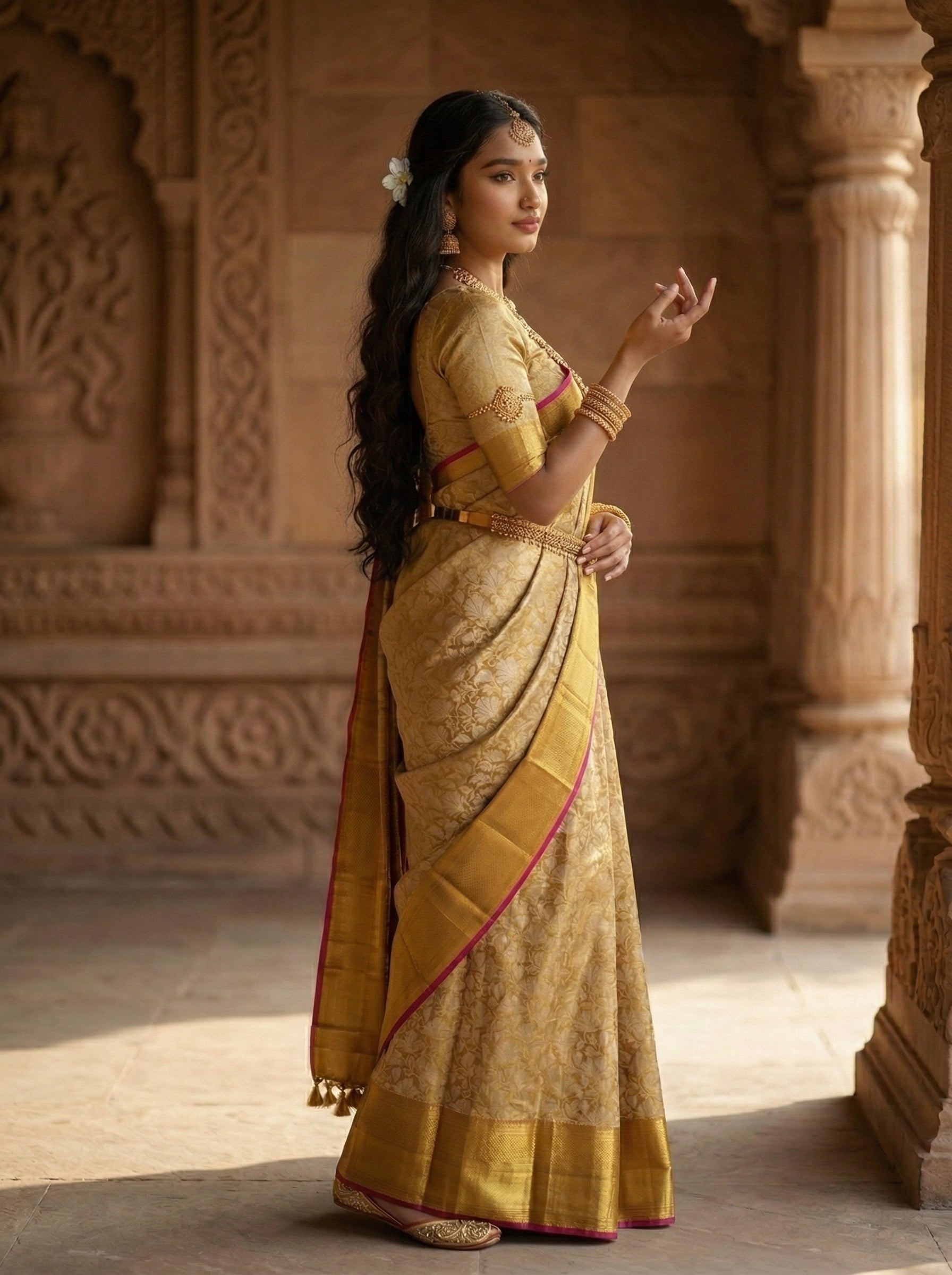 Kanjivaram Silk Antique Gold With Pink Border Contrast Traditional Saree