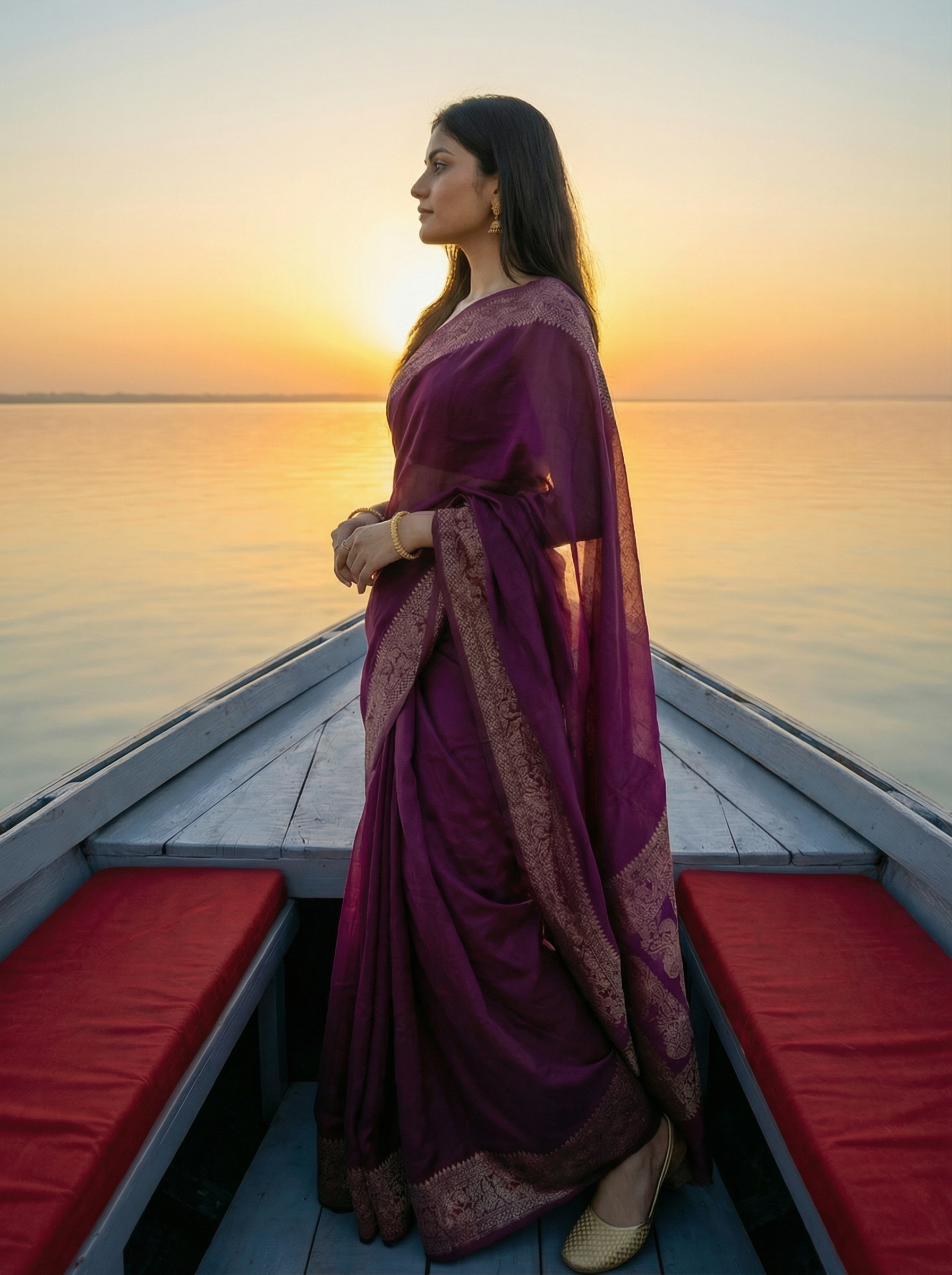 Georgette Banarasi  Wine Woven Border Saree