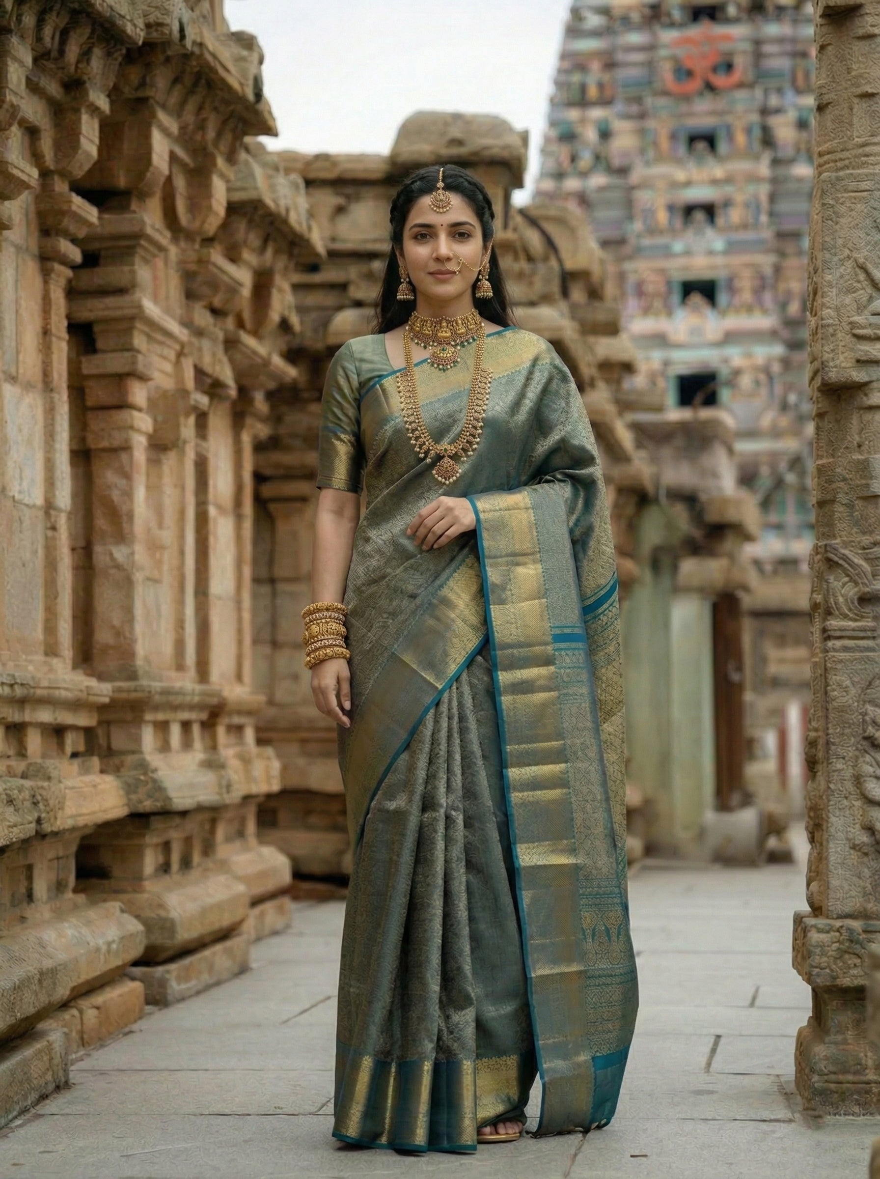 Woman in traditional attire standing in front of ancient stone architecture