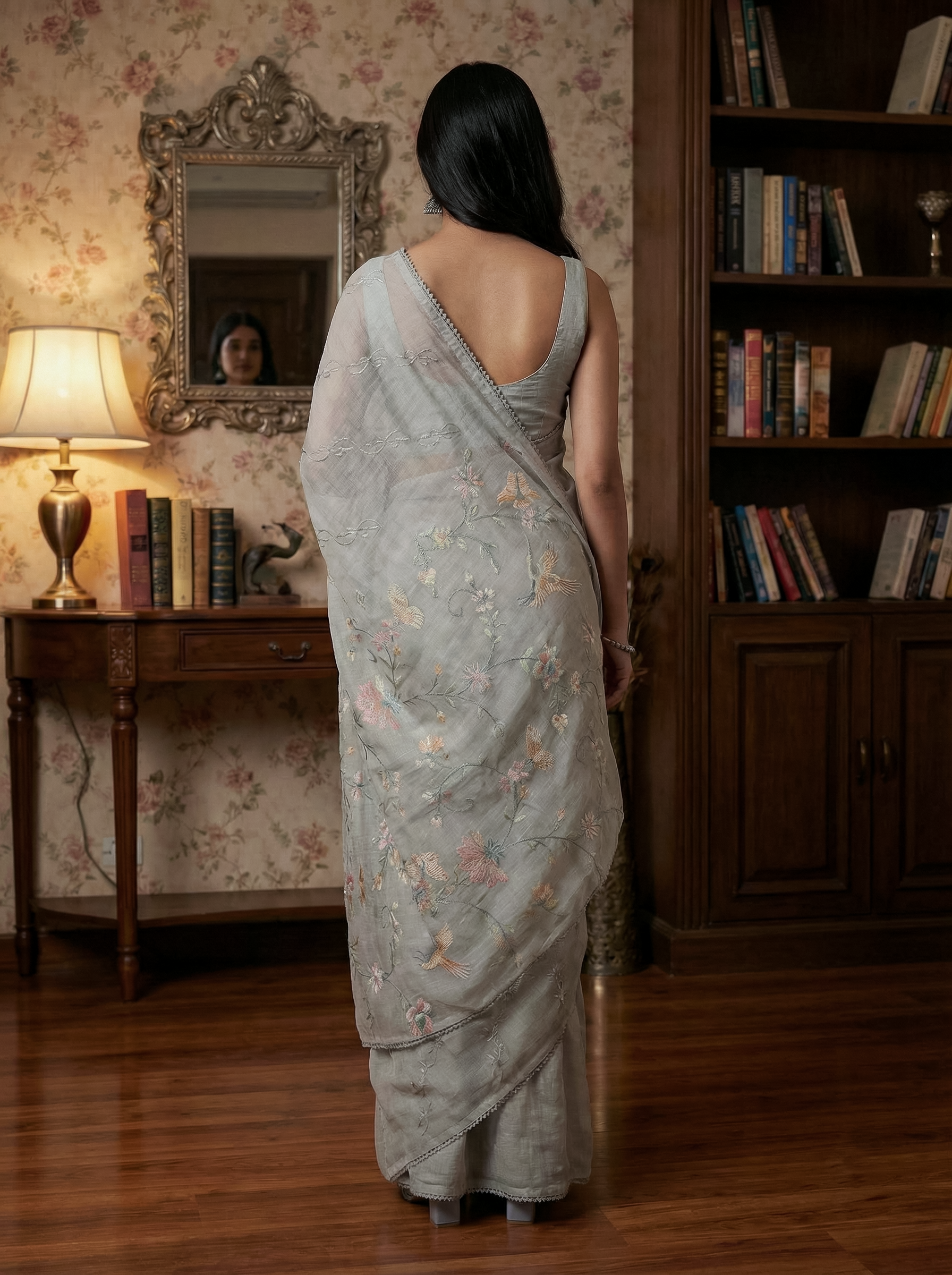 Linen Ash Color Embroidered Floral Saree
