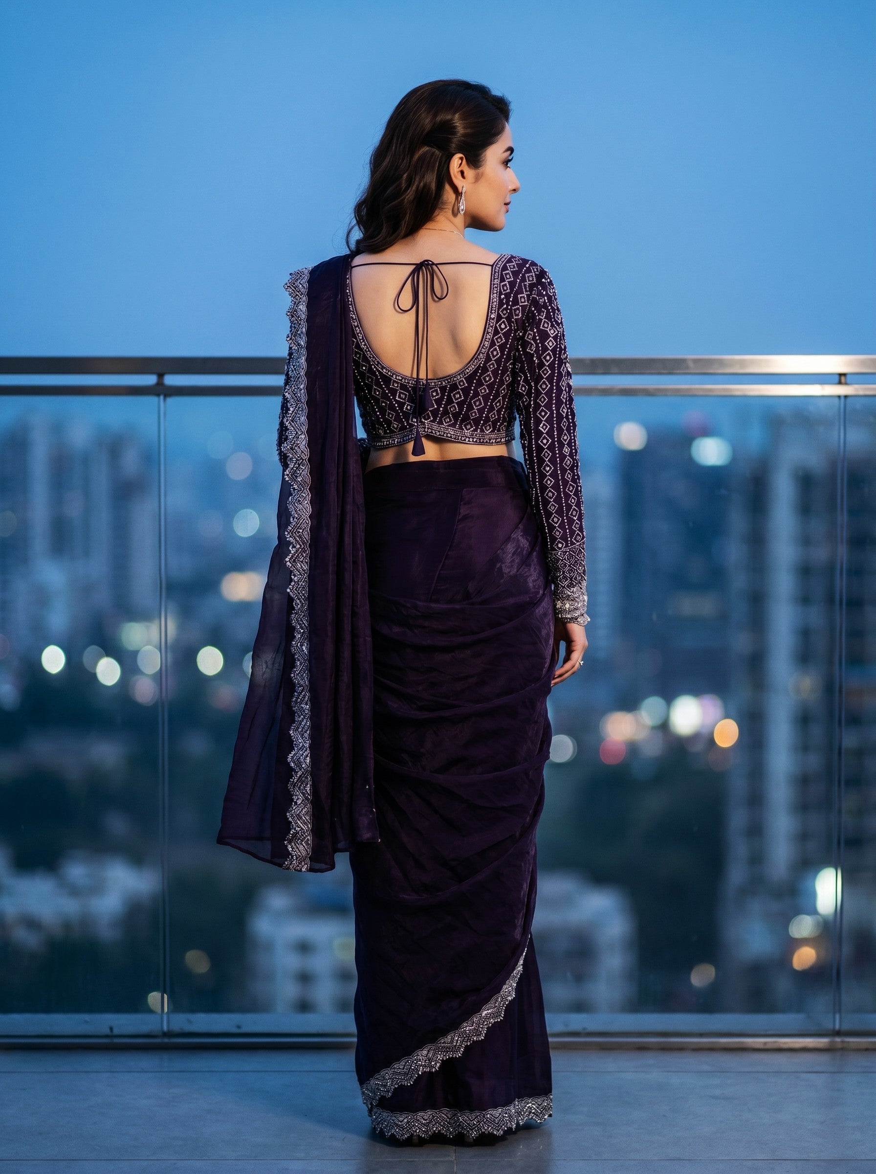 Jimmy Choo Deep Purple Designer Ready-to-Wear Saree with Embroidered Full Sleeve Blouse