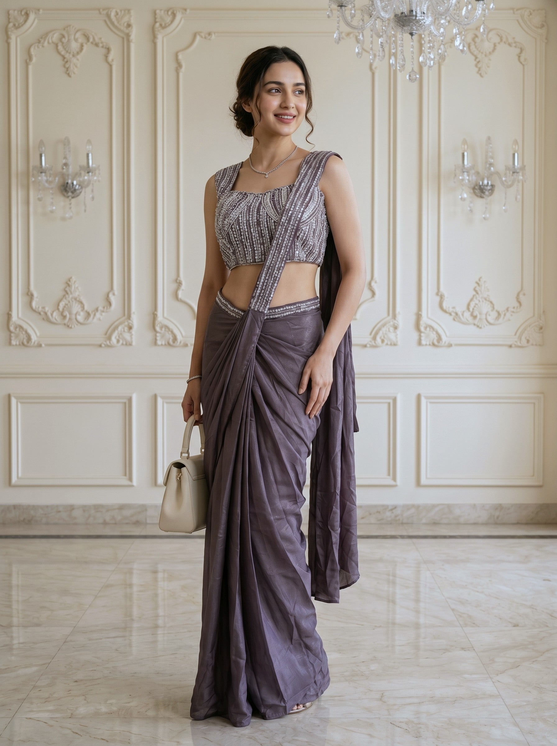 Woman in a purple saree standing in an elegant room with decorative walls.