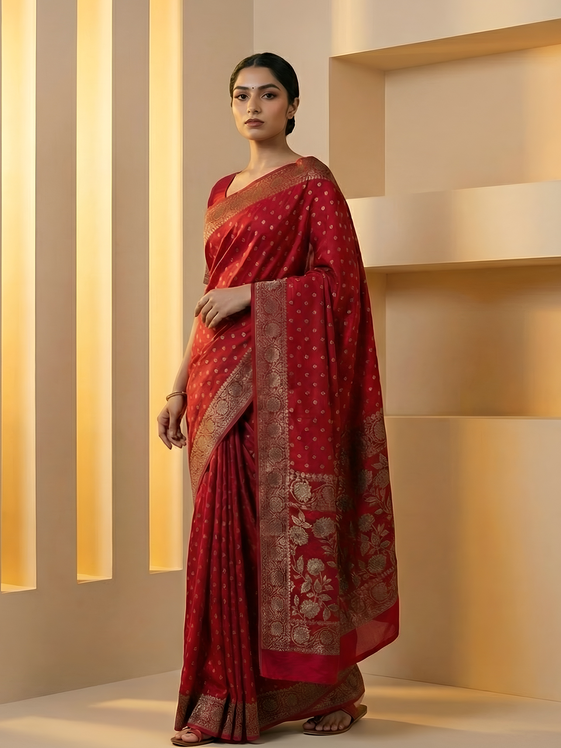 Georgette Deep Red Zari Border Saree