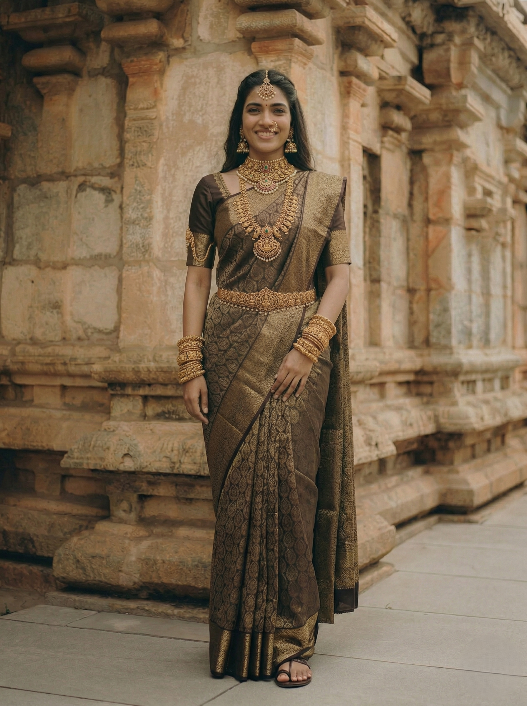 Woman in traditional attire standing in front of a stone architectural structure