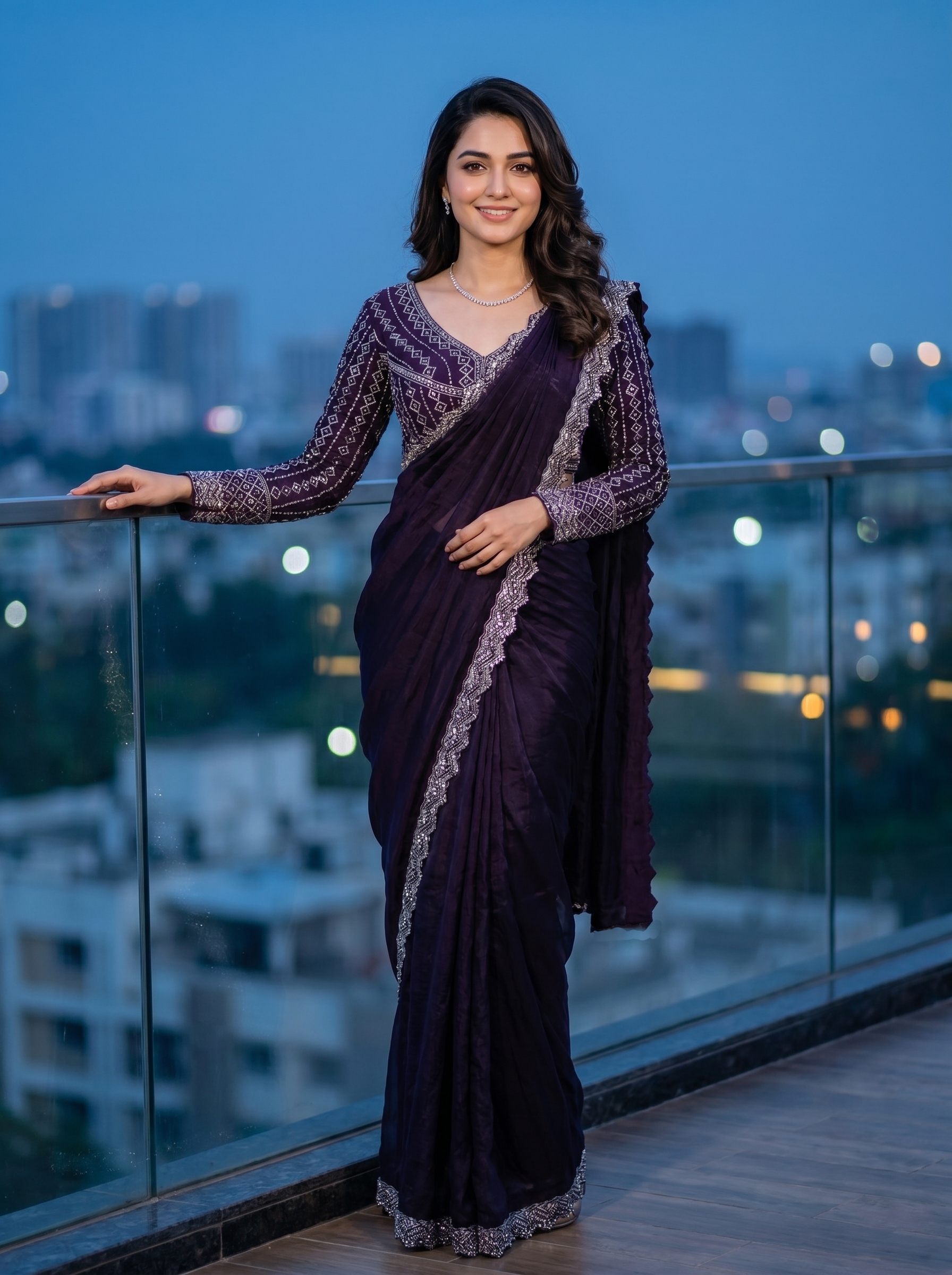 Woman in a purple saree standing on a balcony with cityscape in the background