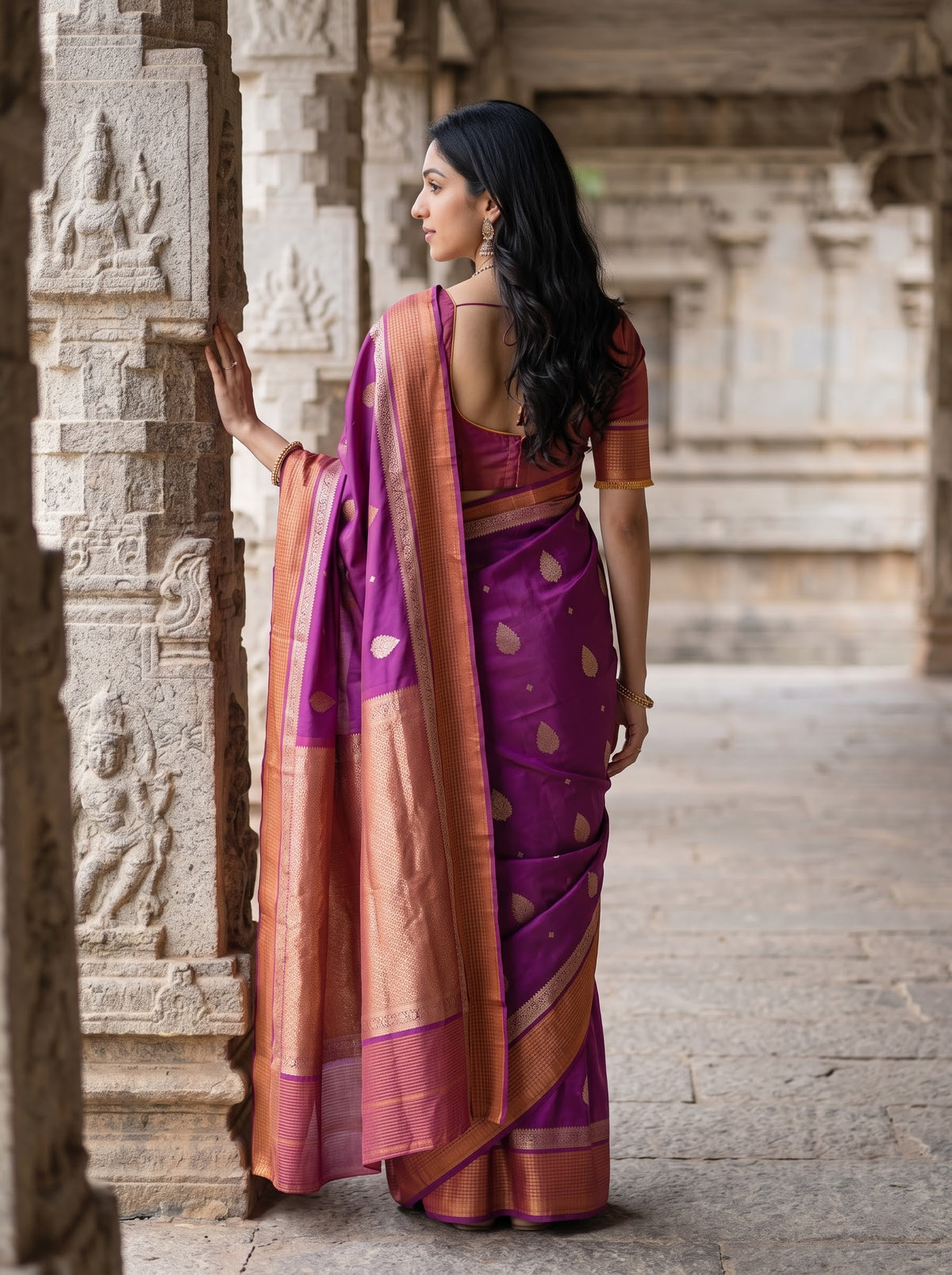 Semi Silk Saree in Magenta Purple with Orange Zari Woven Pallu and Paisley Butta
