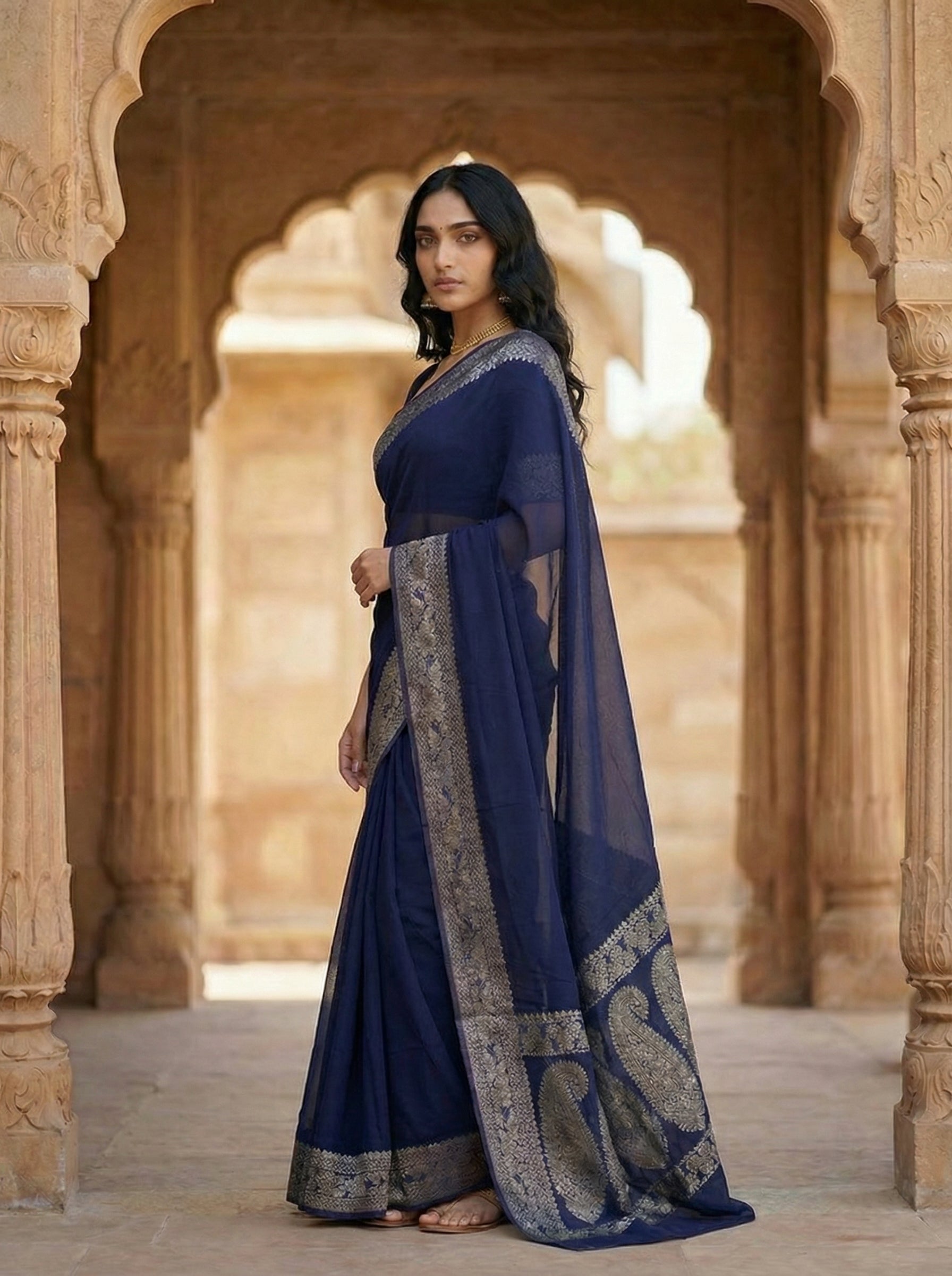 Georgette Banarasi  Navy Blue Zari Border Saree