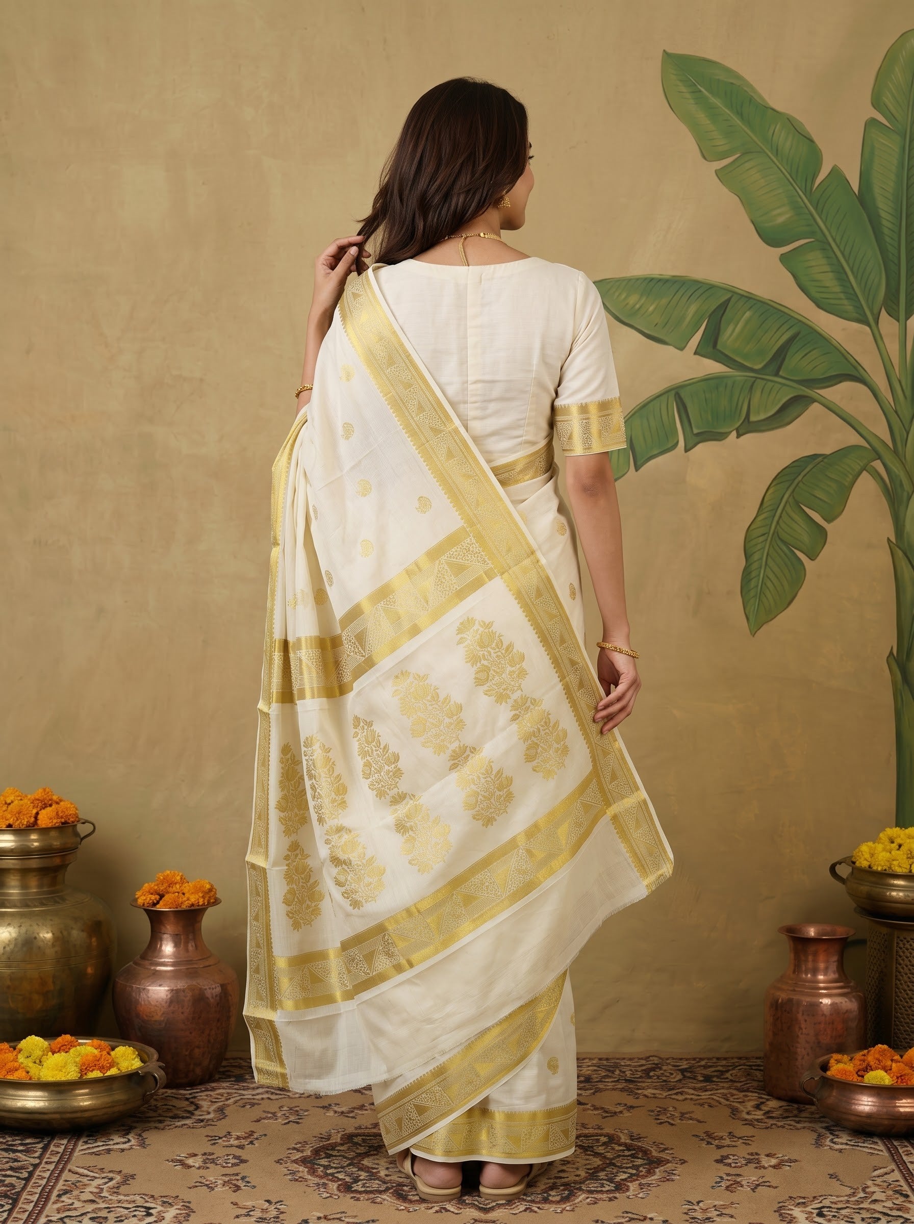 Cotton Cream Golden Butta with Temple Border Onam Special Kerala Saree