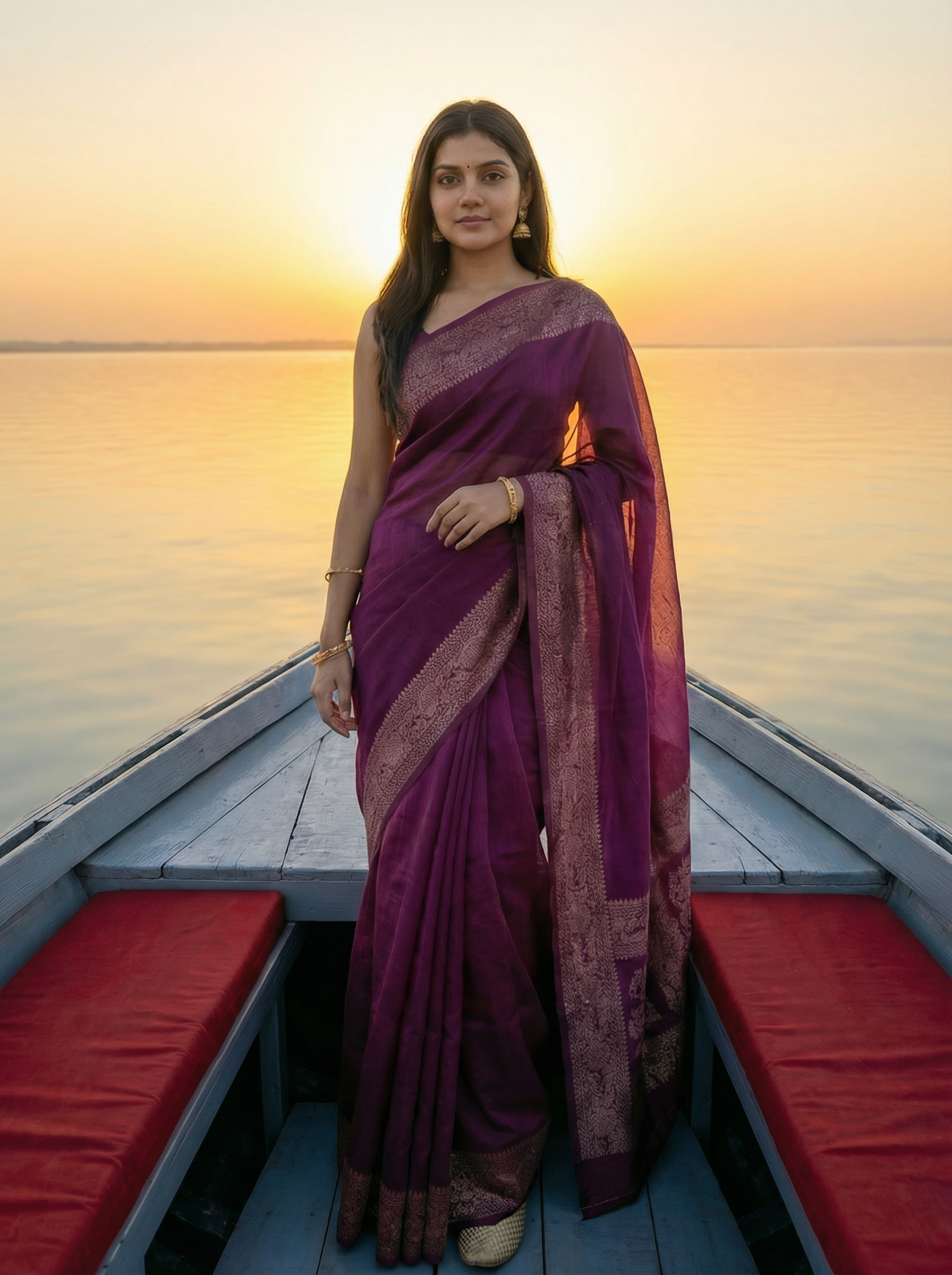 Georgette Banarasi  Wine Woven Border Saree