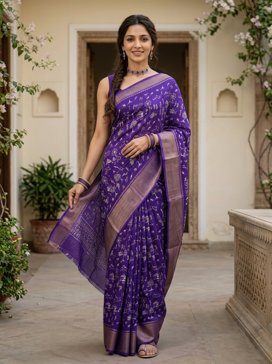 Woman wearing a purple saree with a floral background