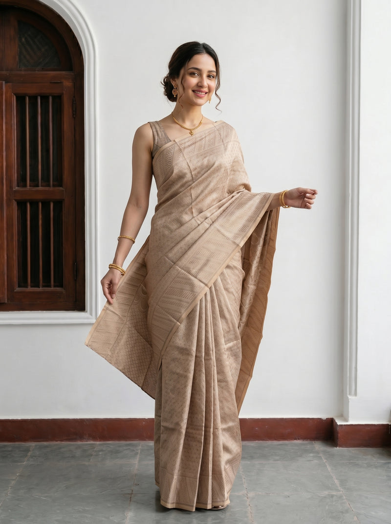 Woman wearing a beige saree standing against a white wall with a wooden door.