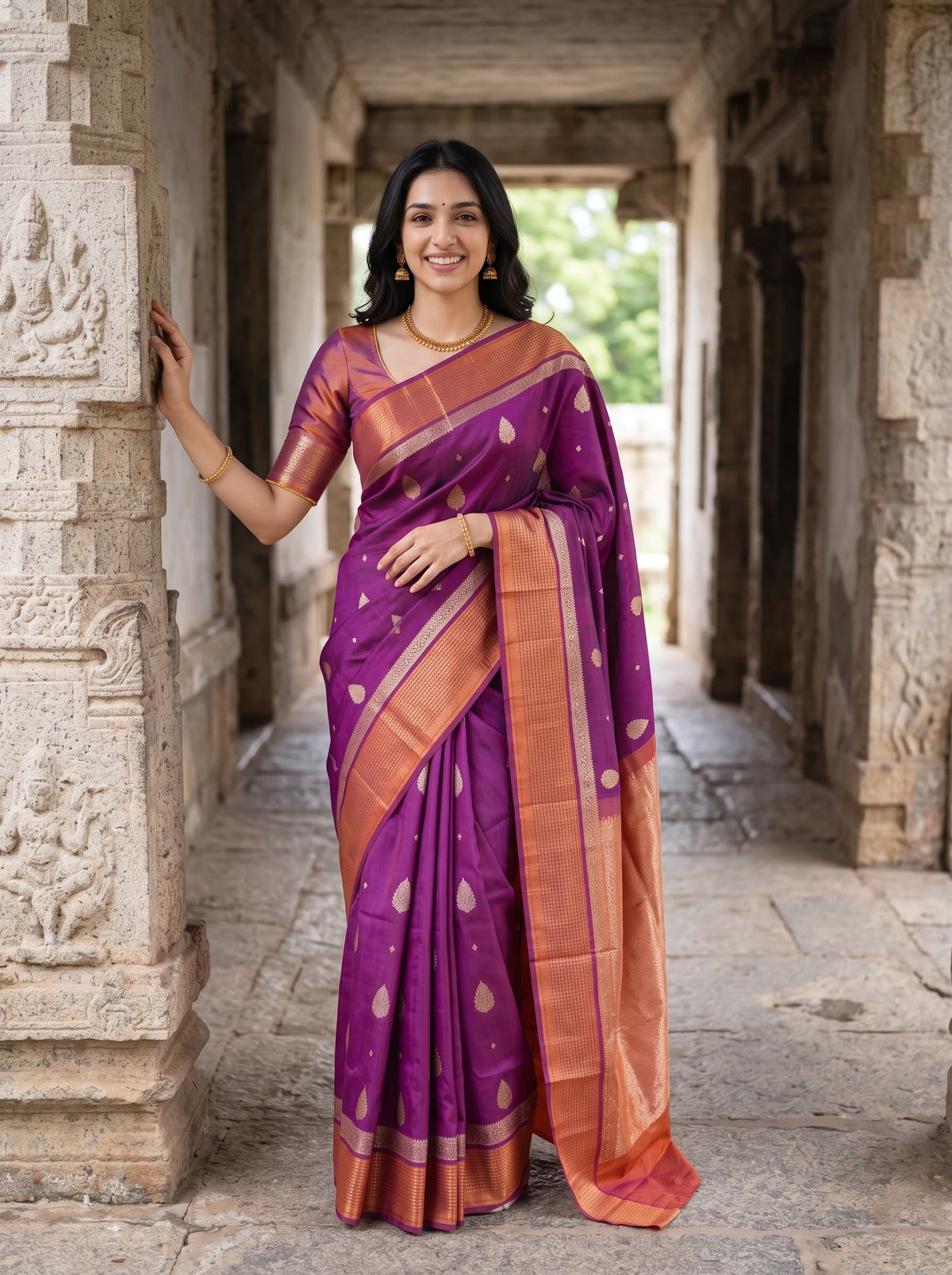 Semi Silk Saree in Magenta Purple with Orange Zari Woven Pallu and Paisley Butta