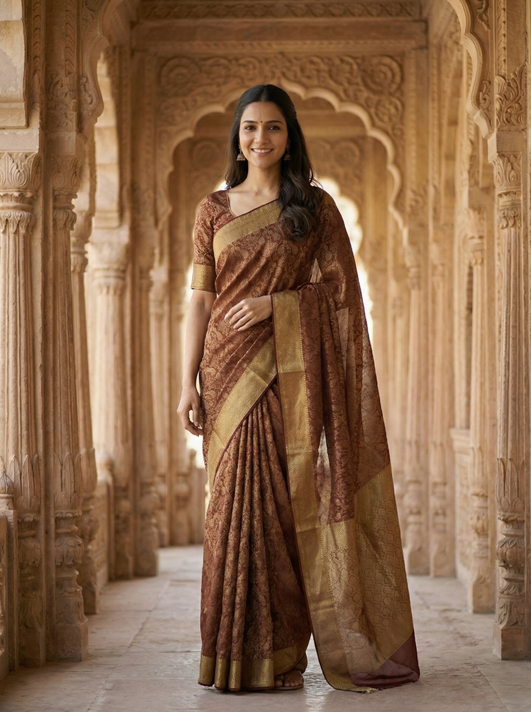 Georgette Banarasi  Copper Brown Floral Brocade Saree