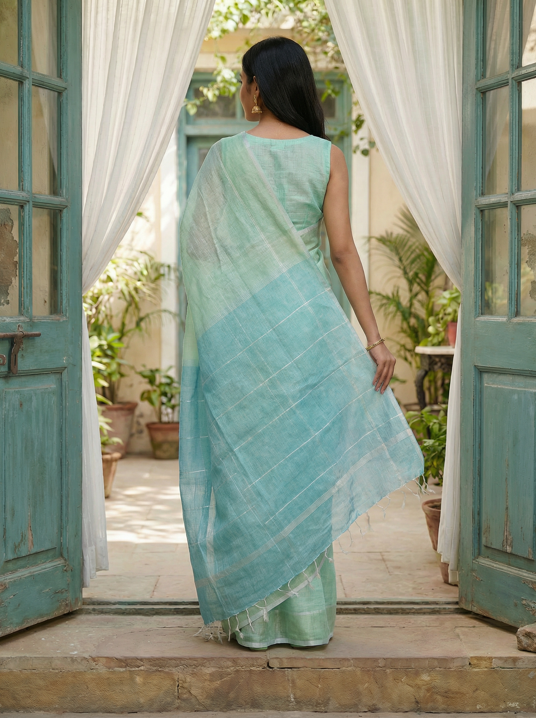 Linen Mint Green Plain Saree
