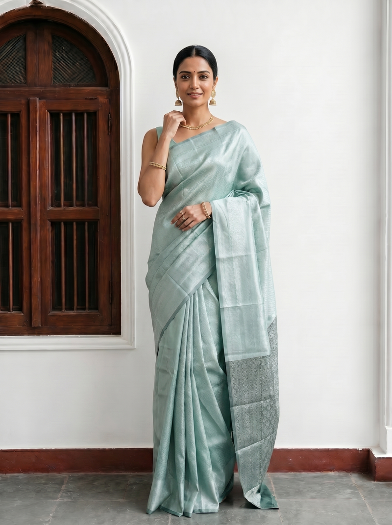 Woman wearing a light green saree in an indoor setting with a wooden door and white wall.