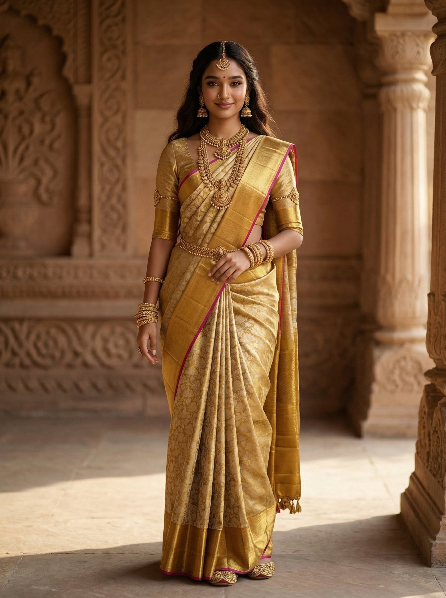 Kanjivaram Silk Antique Gold With Pink Border Contrast Traditional Saree