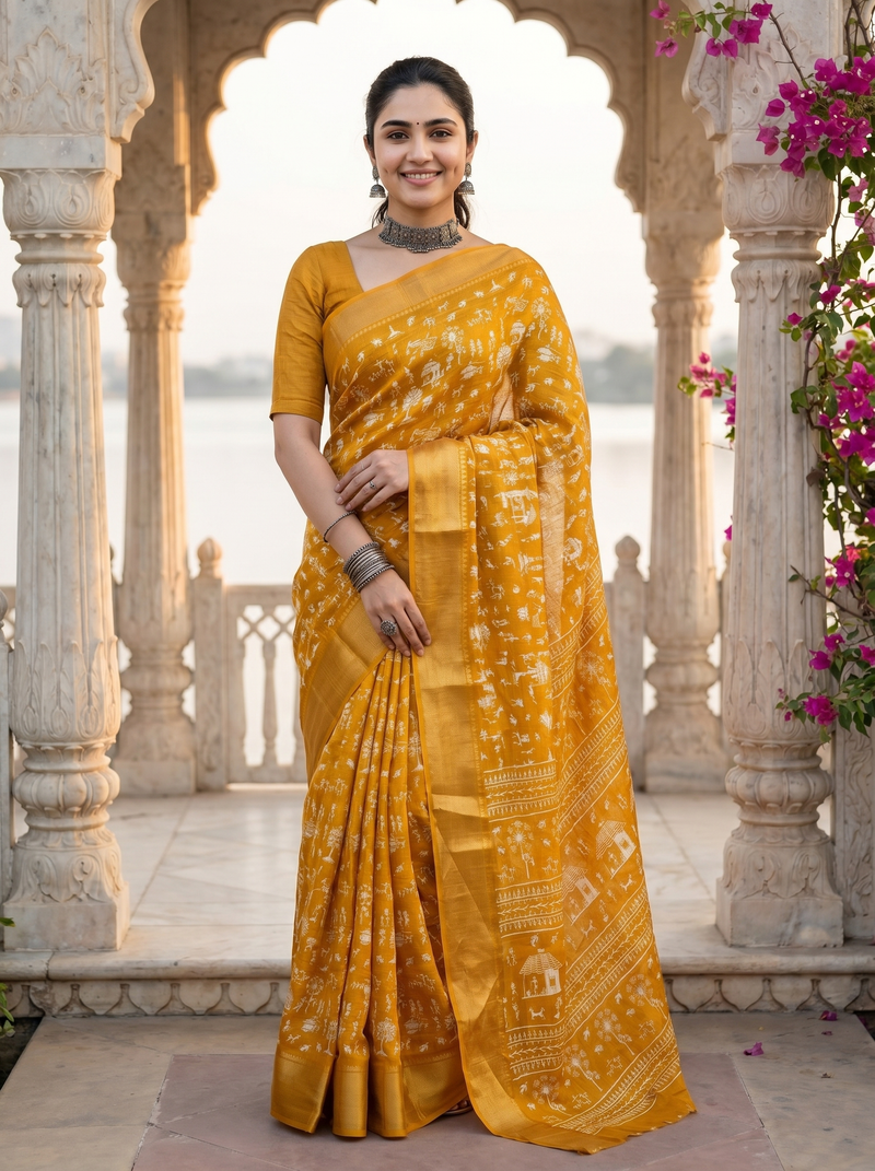 Woman in a yellow saree standing in an outdoor setting with architectural elements and flowers.