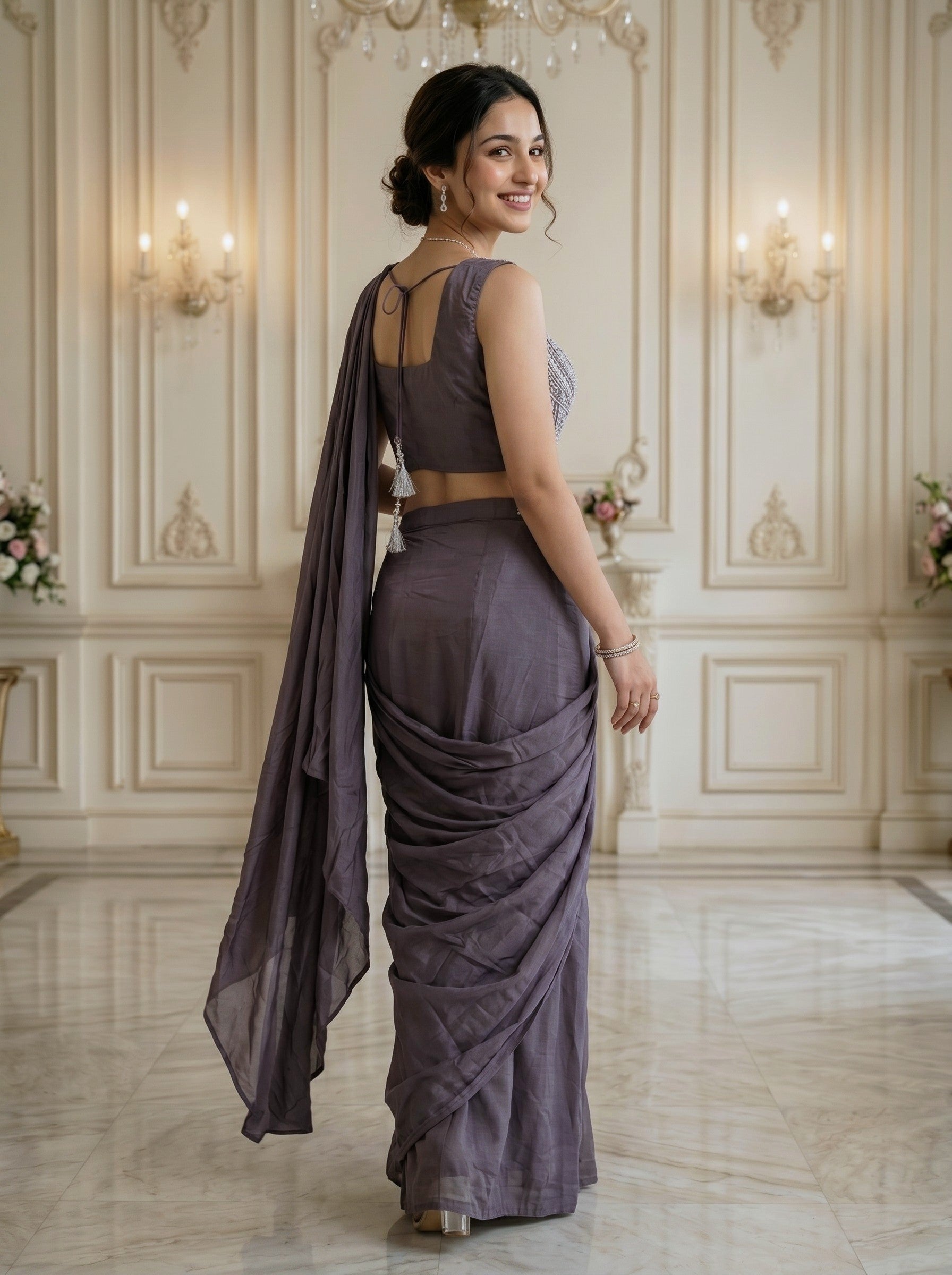 Satin Organza Lavender Purple Ready-to-Wear Designer Saree with Crystal Embellished Blouse