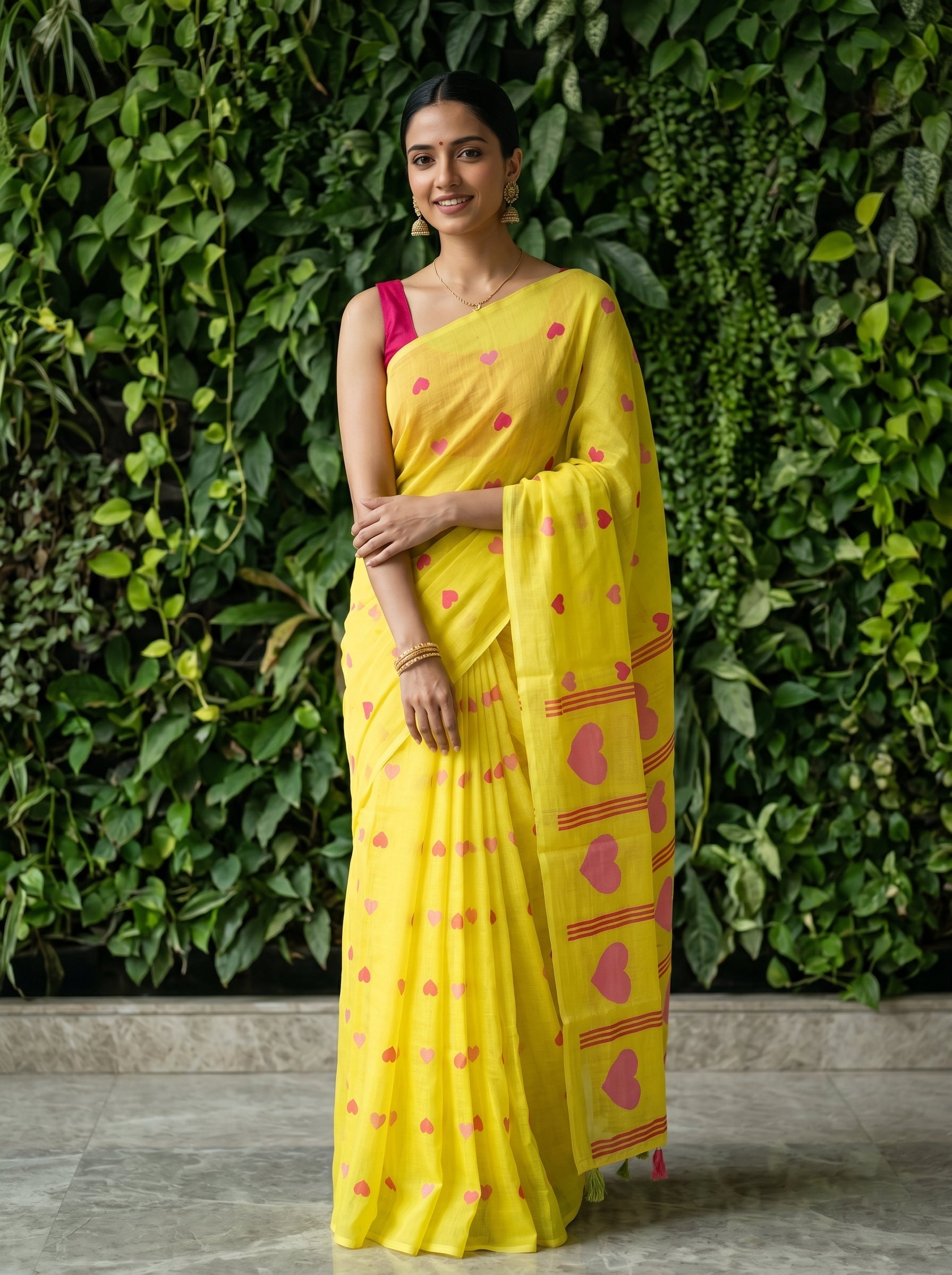 Woman wearing a yellow saree with pink heart patterns against a green leafy background