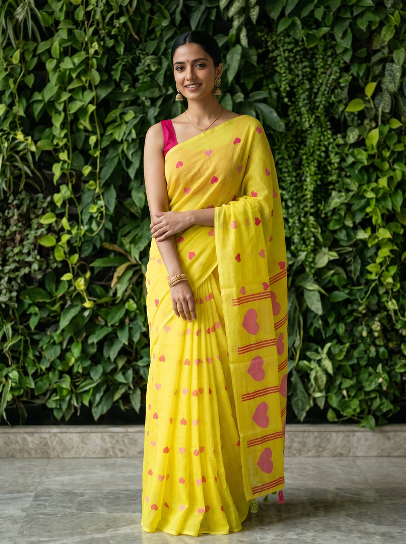 Woman wearing a yellow saree with pink heart patterns against a green leafy background