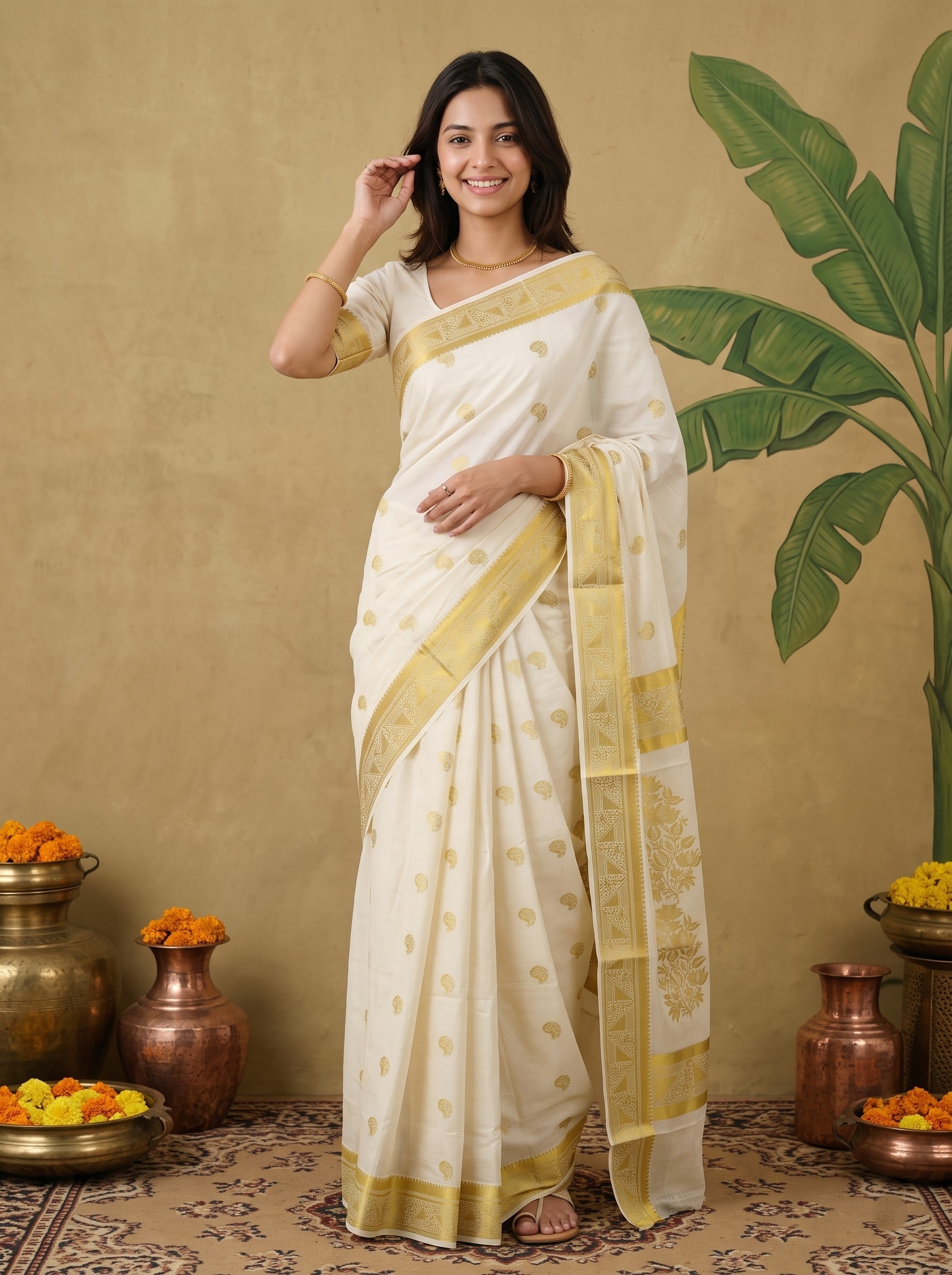 Cotton Cream Golden Butta with Temple Border Onam Special Kerala Saree