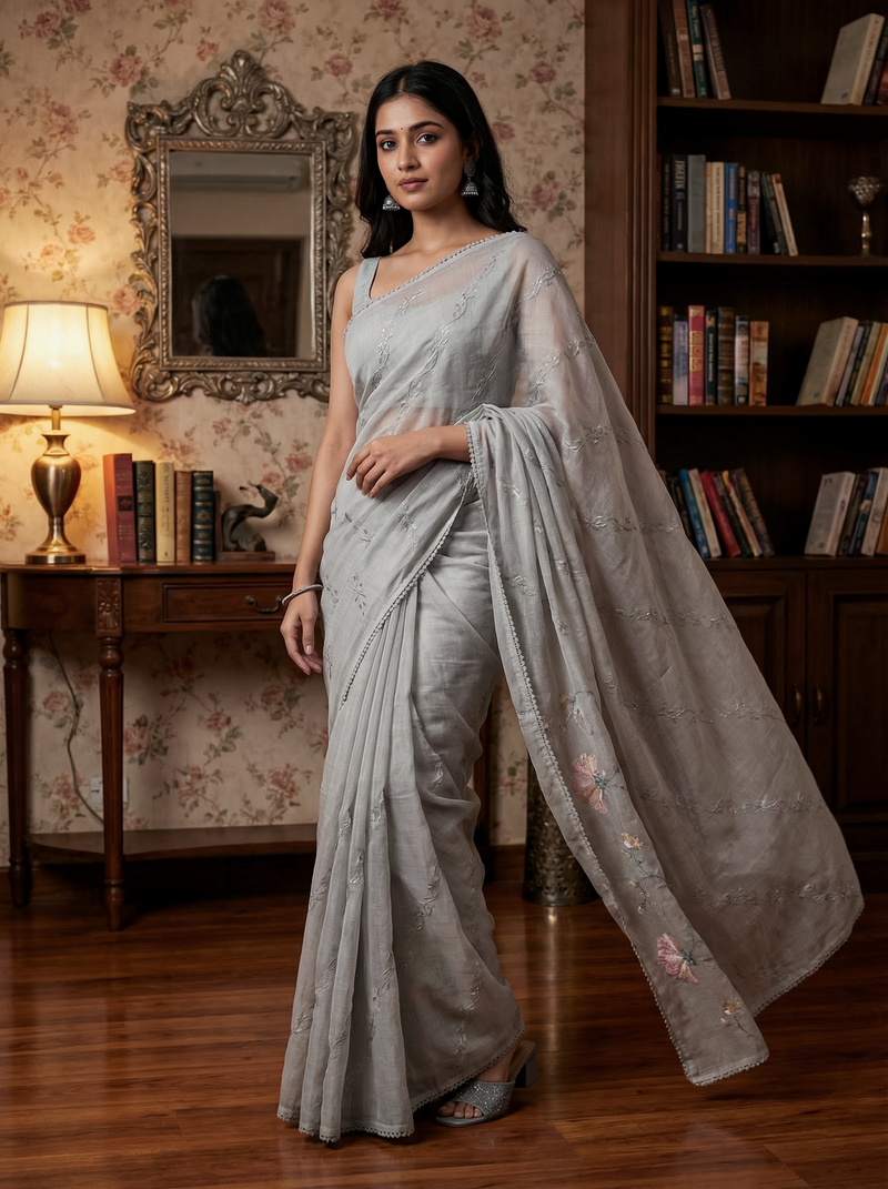 Woman in a light gray saree standing in a room with floral wallpaper and a bookshelf.
