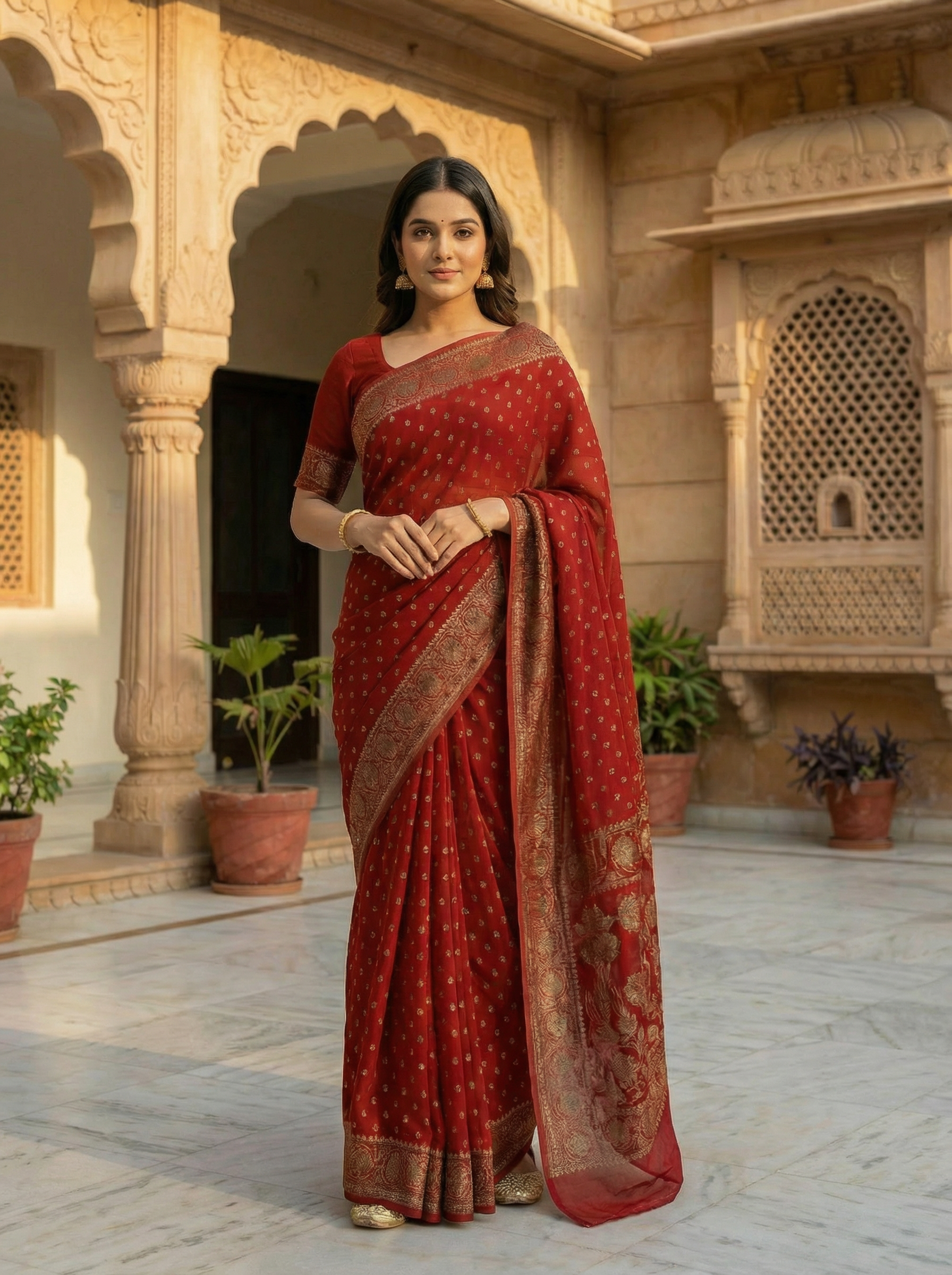 Georgette Banarasi  Red Zari Butti Saree
