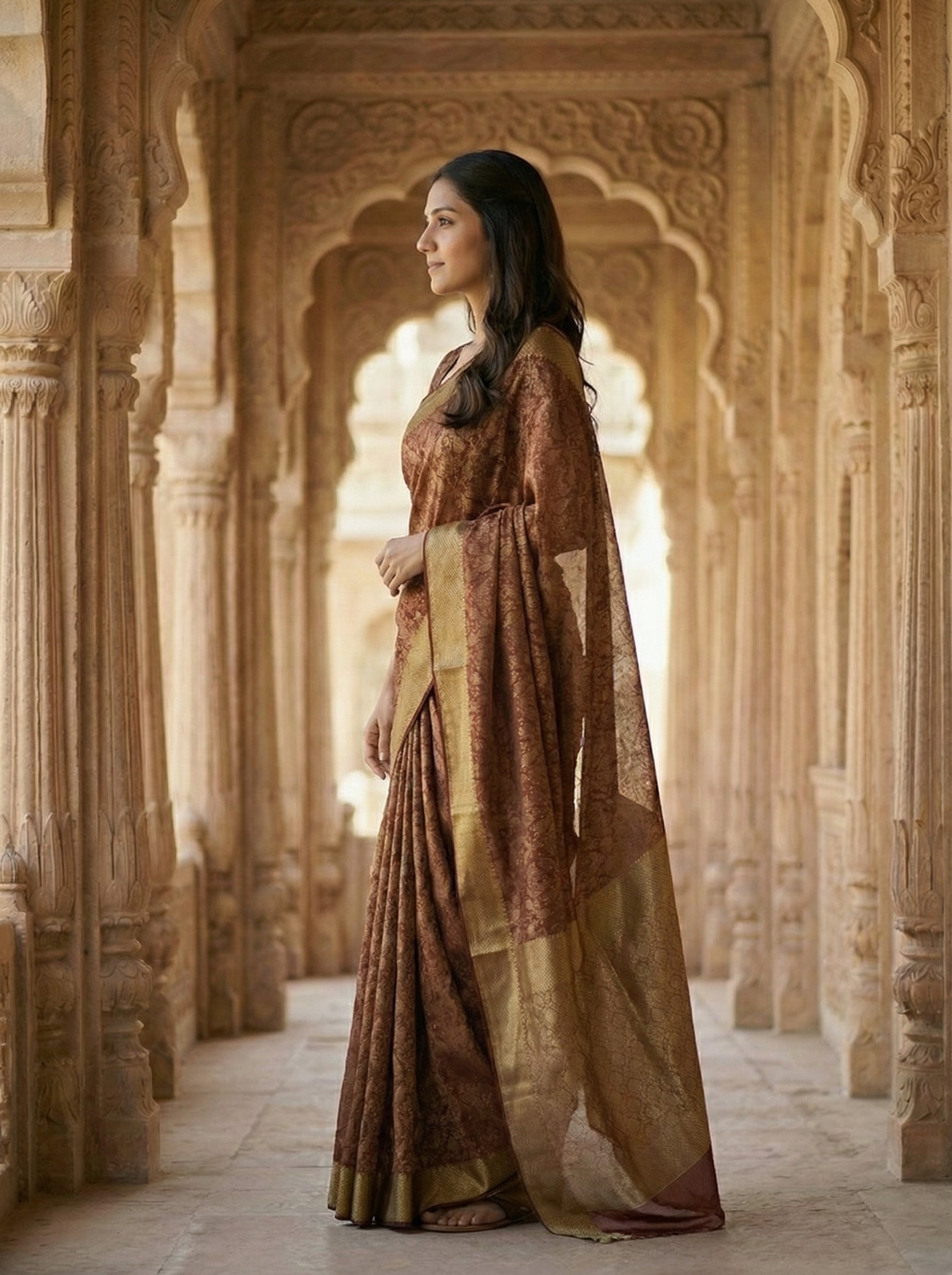 Georgette Banarasi  Copper Brown Floral Brocade Saree