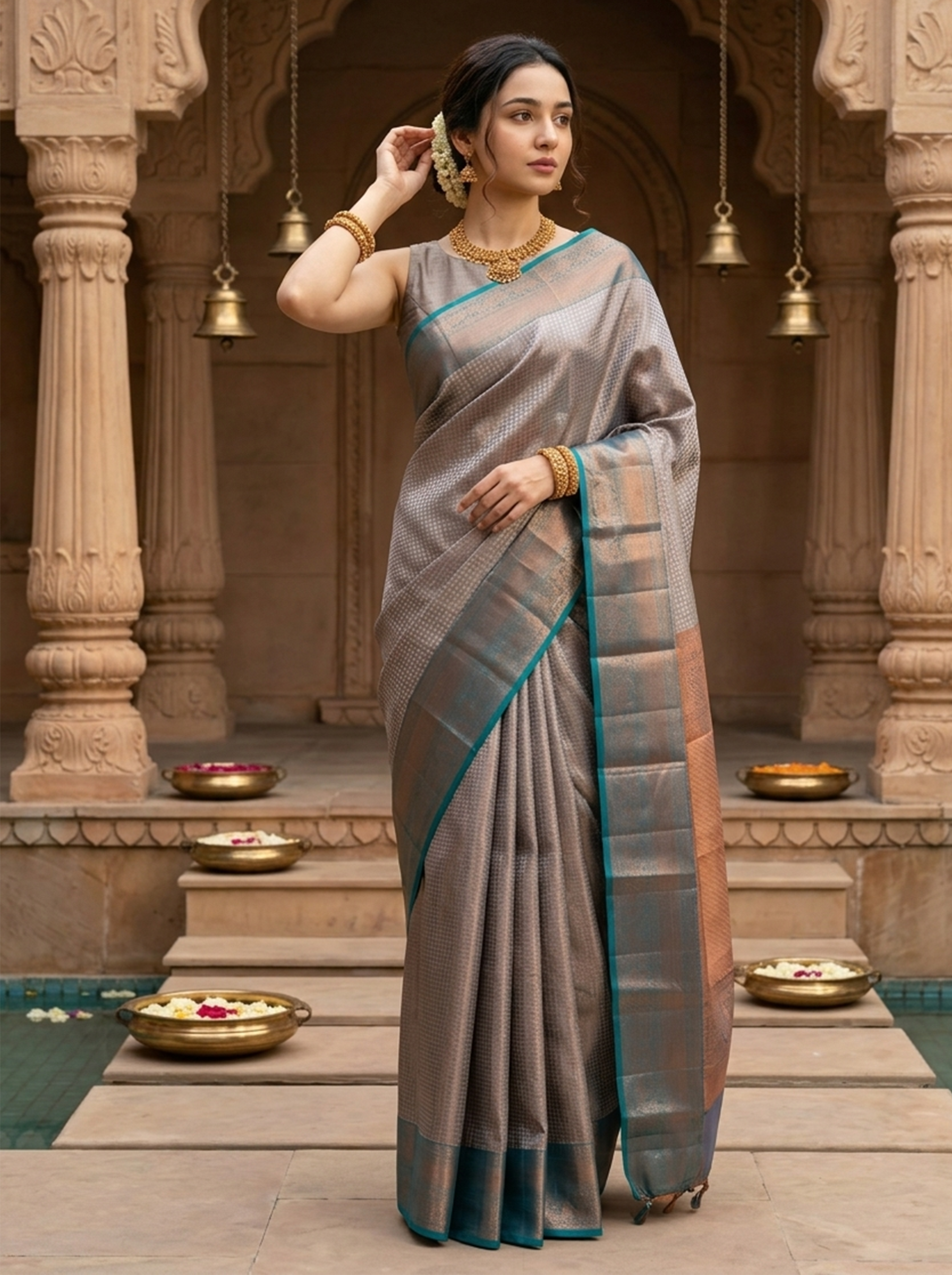 Kanjivaram Silk Peacock Teal Blue Traditional Zari Brocade Saree