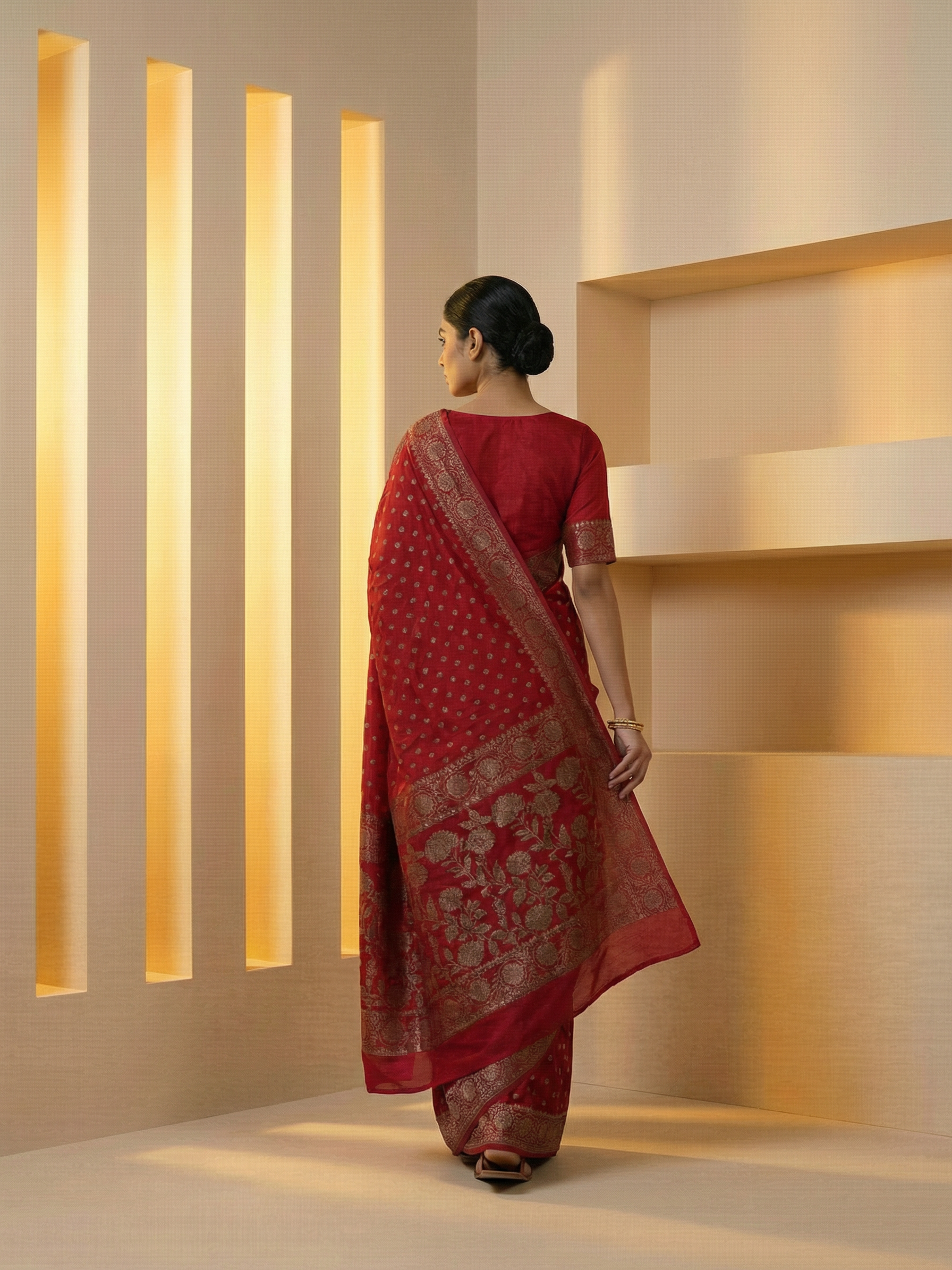 Georgette Deep Red Zari Border Saree