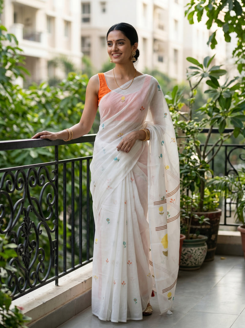Woman in a white saree with floral patterns standing on a balcony with greenery.