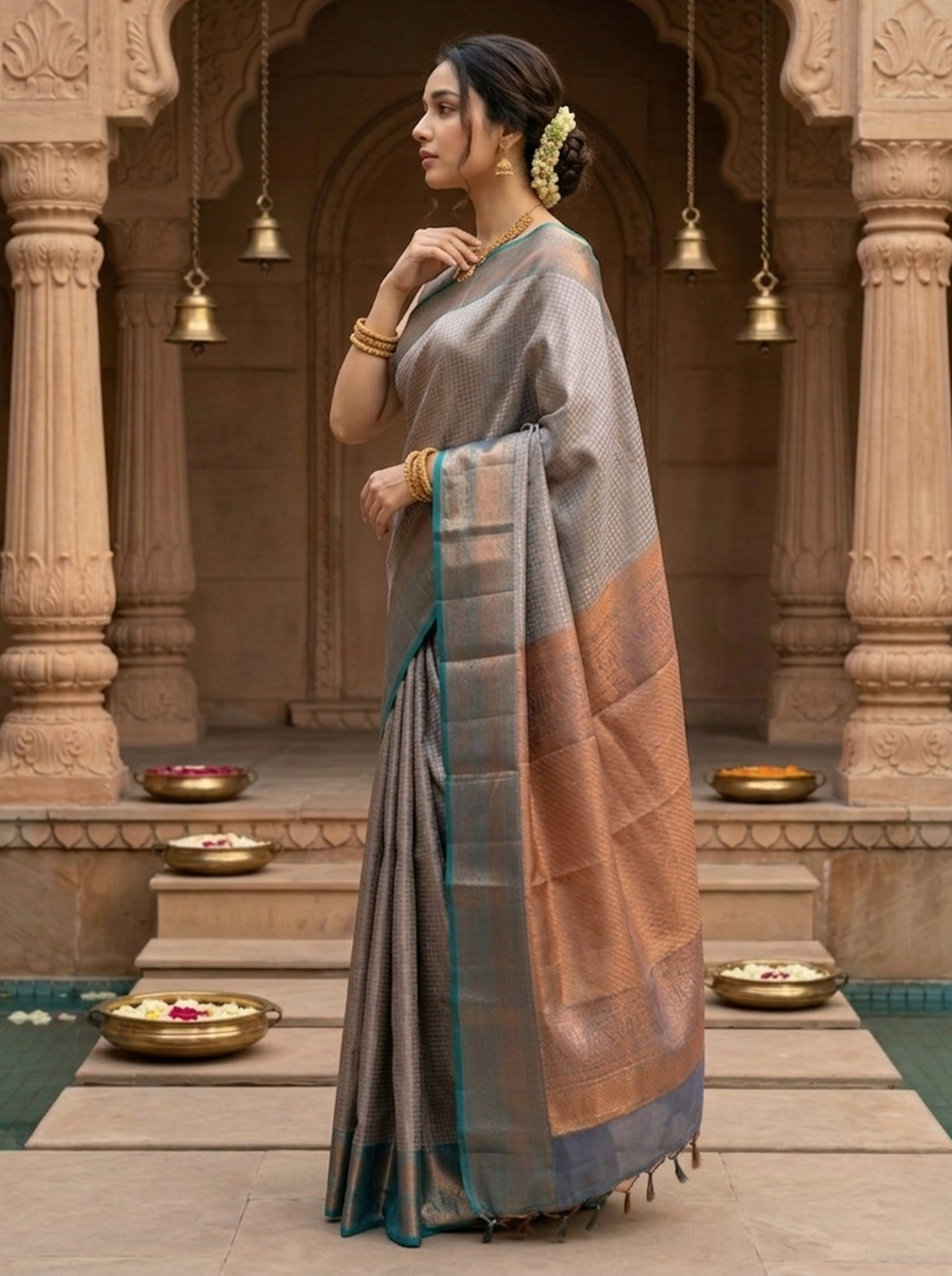 Kanjivaram Silk Peacock Teal Blue Traditional Zari Brocade Saree