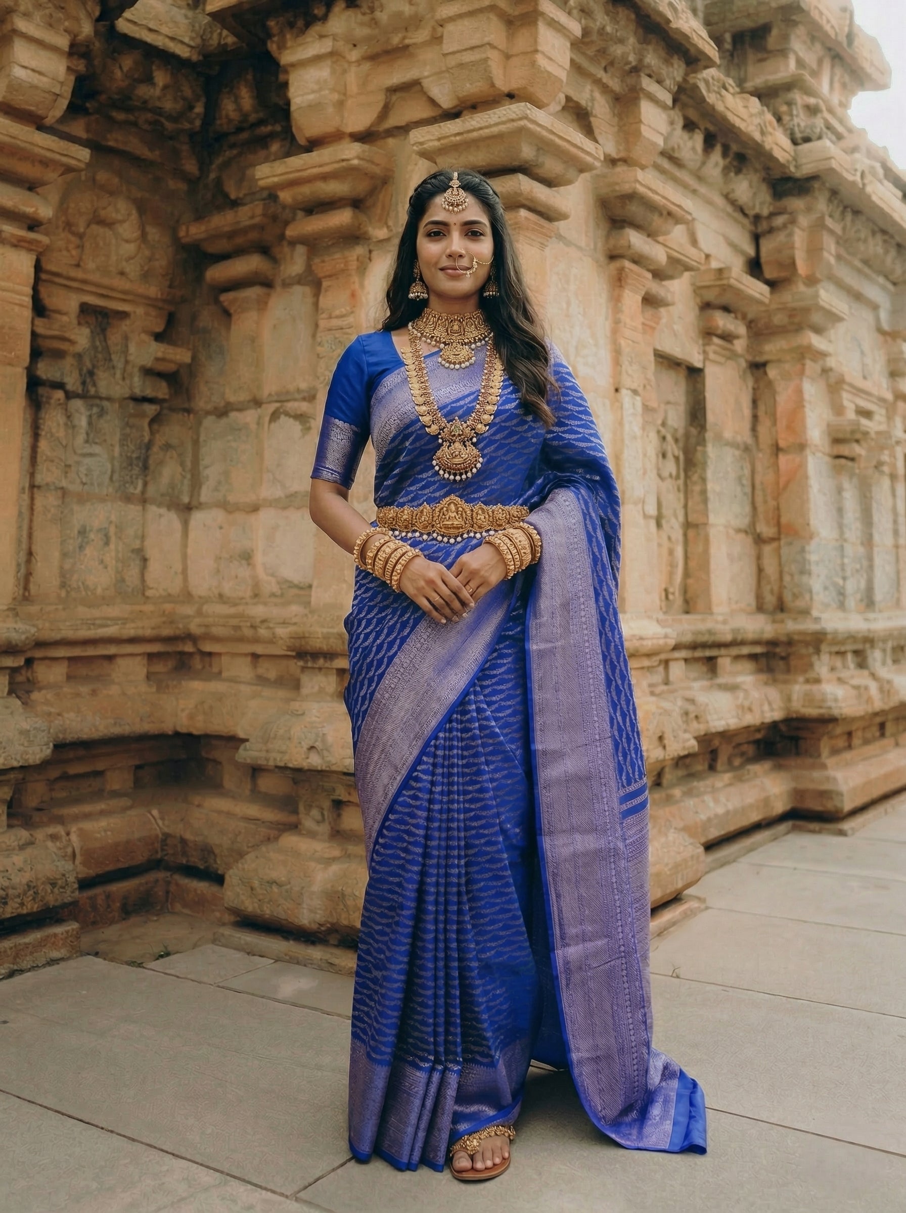 Woman in a blue saree with gold jewelry standing in front of a stone architectural structure.
