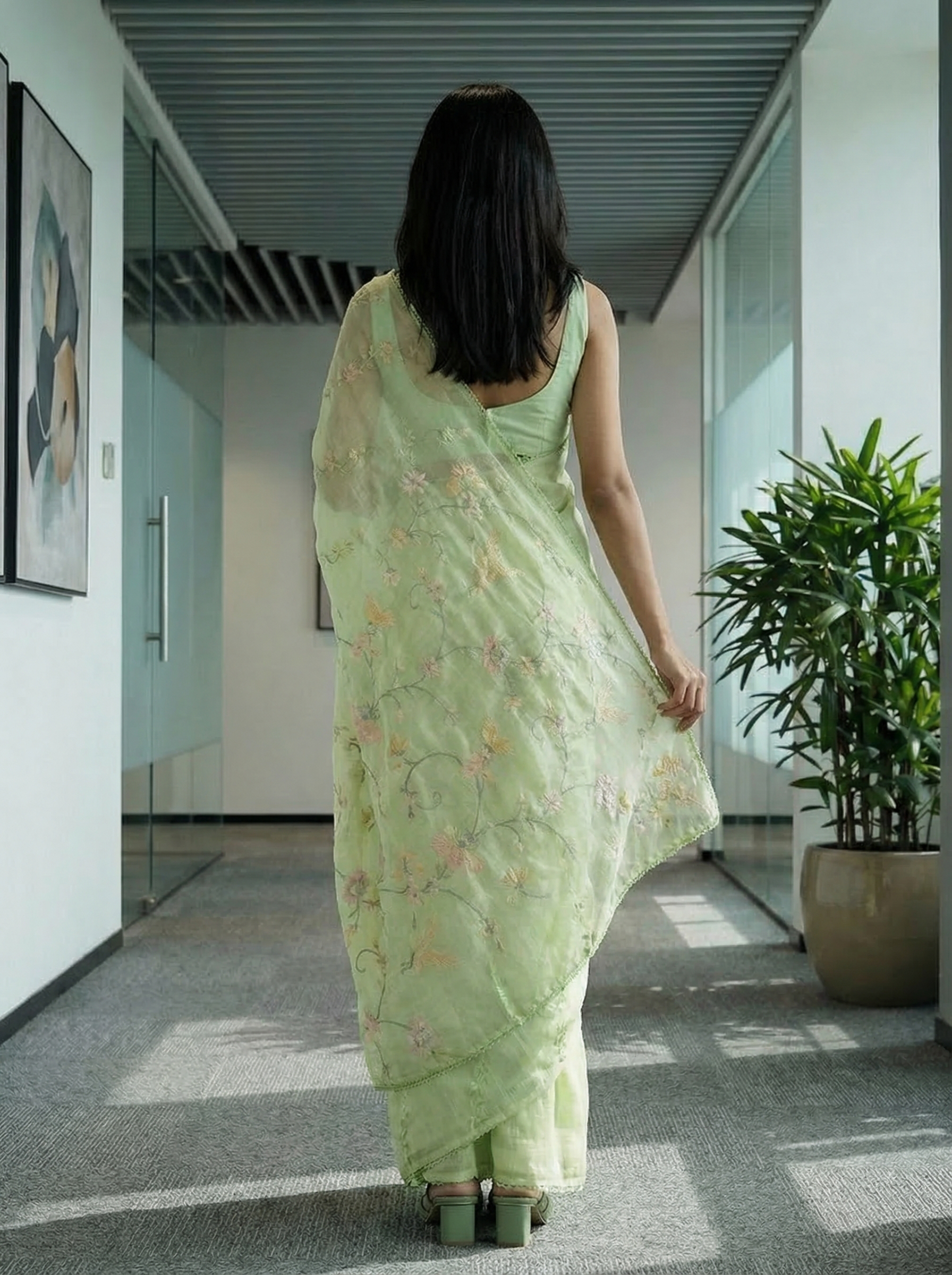 Linen Pastel Green Embroidered Floral Saree