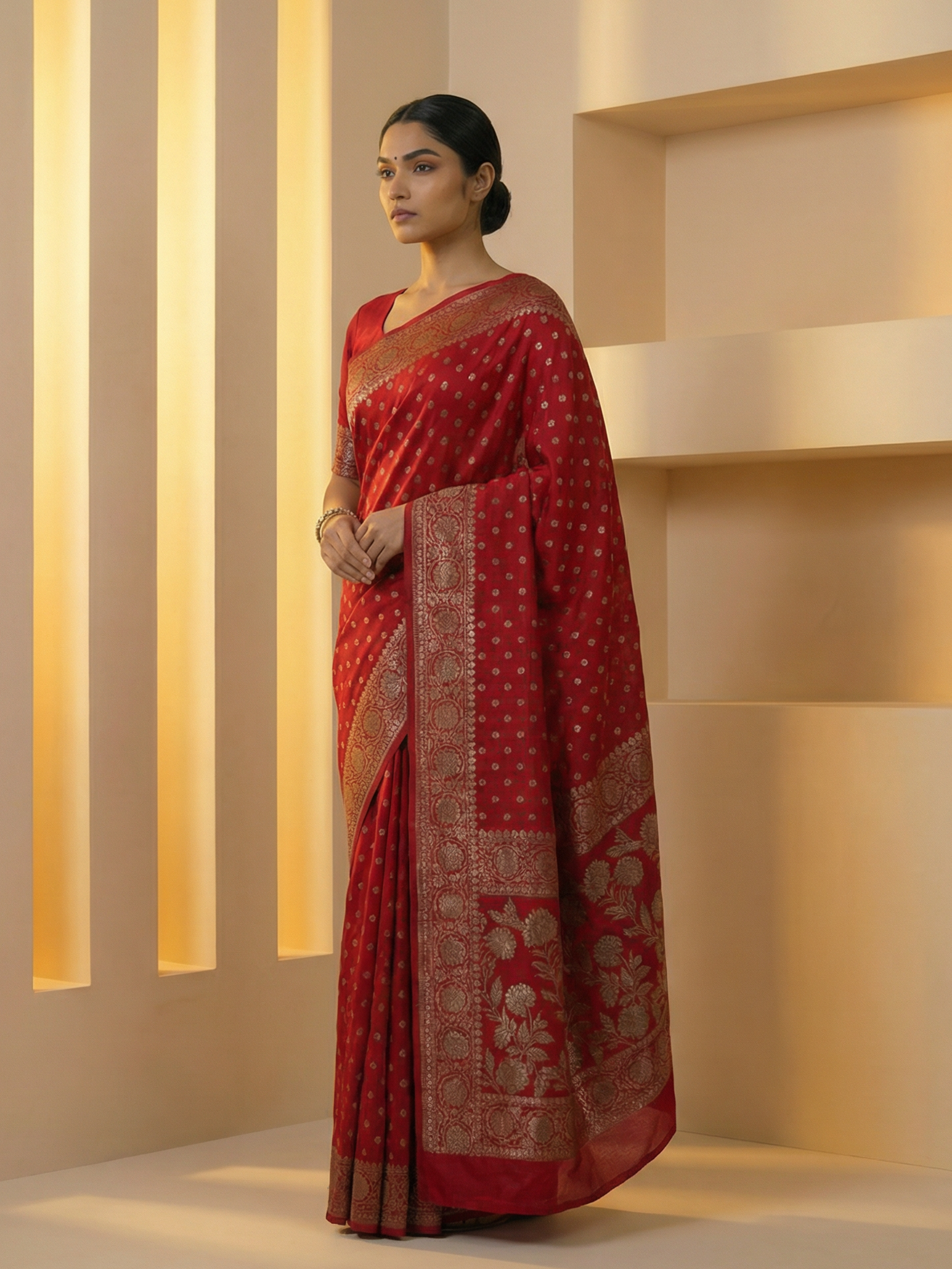 Georgette Deep Red Zari Border Saree