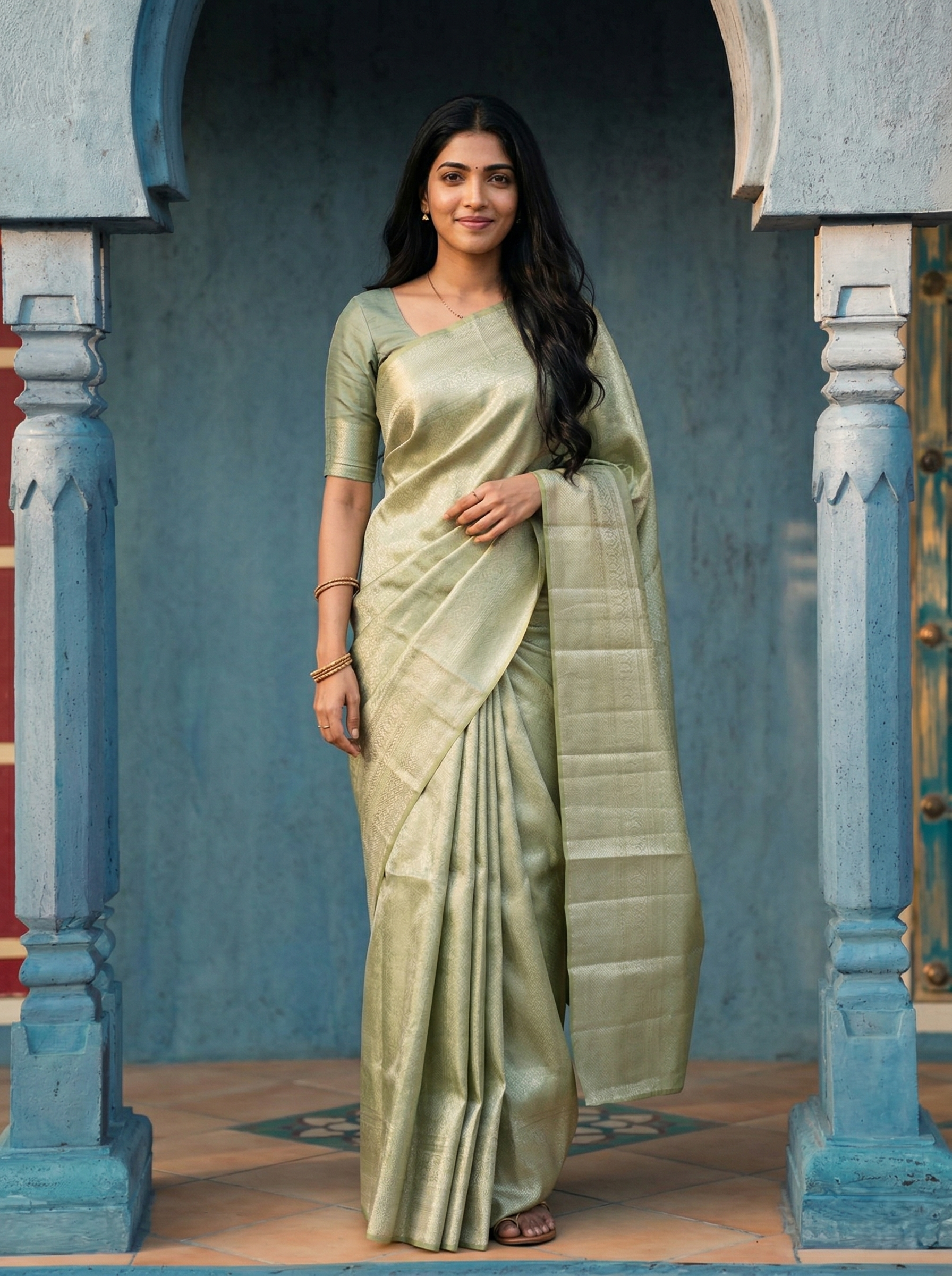 Woman in a light green saree standing in front of a blue archway.
